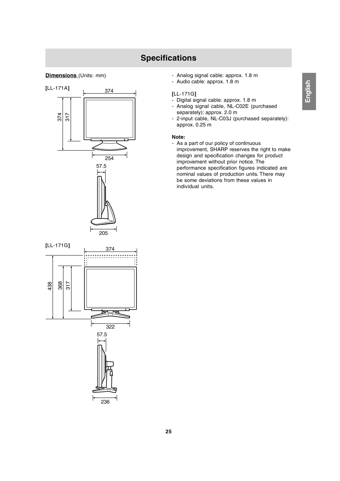 Sharp LL-171A, LL-171G operation manual Specifications 