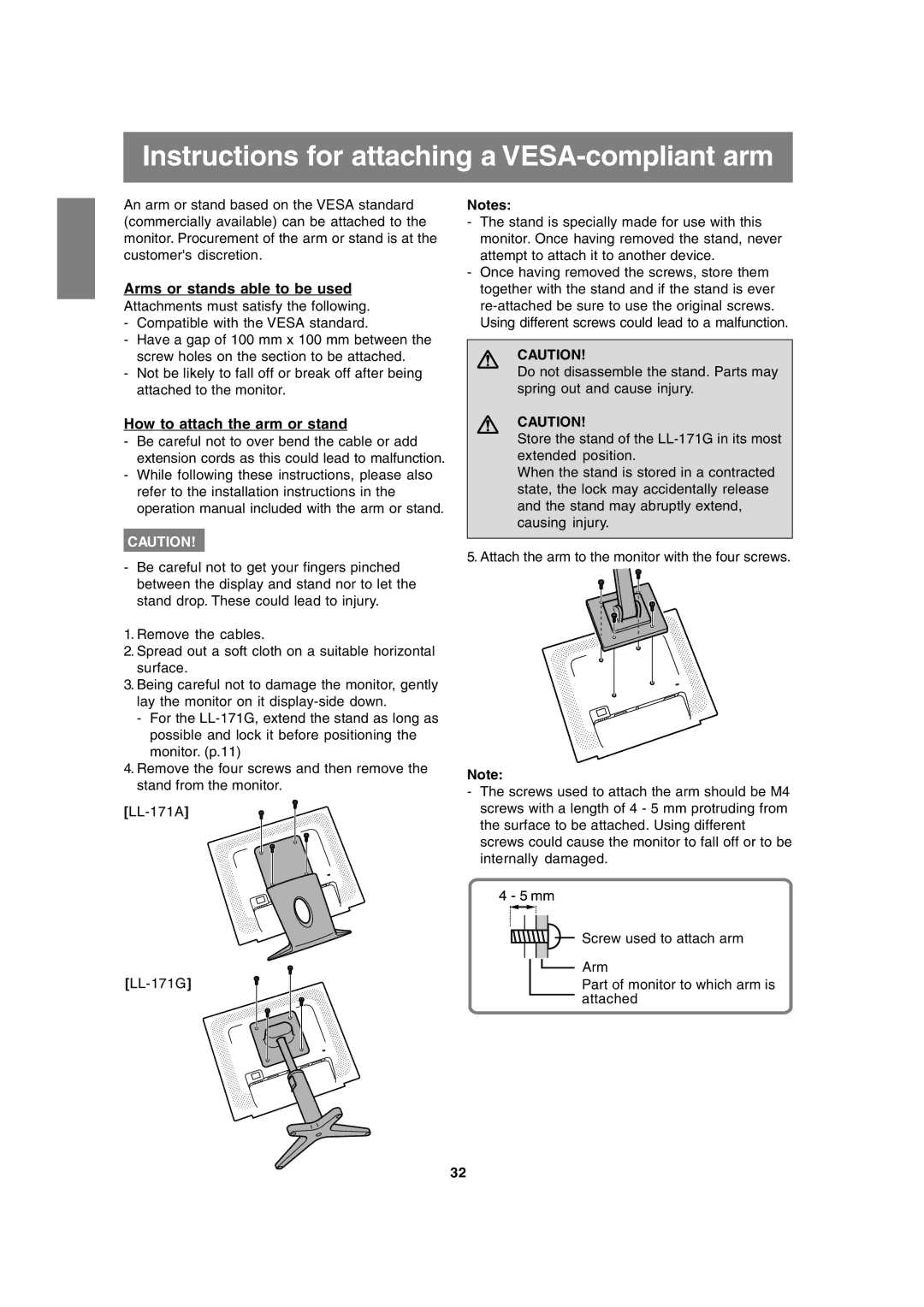 Sharp LL-171G, LL-171A operation manual Instructions for attaching a VESA-compliant arm, Arms or stands able to be used 