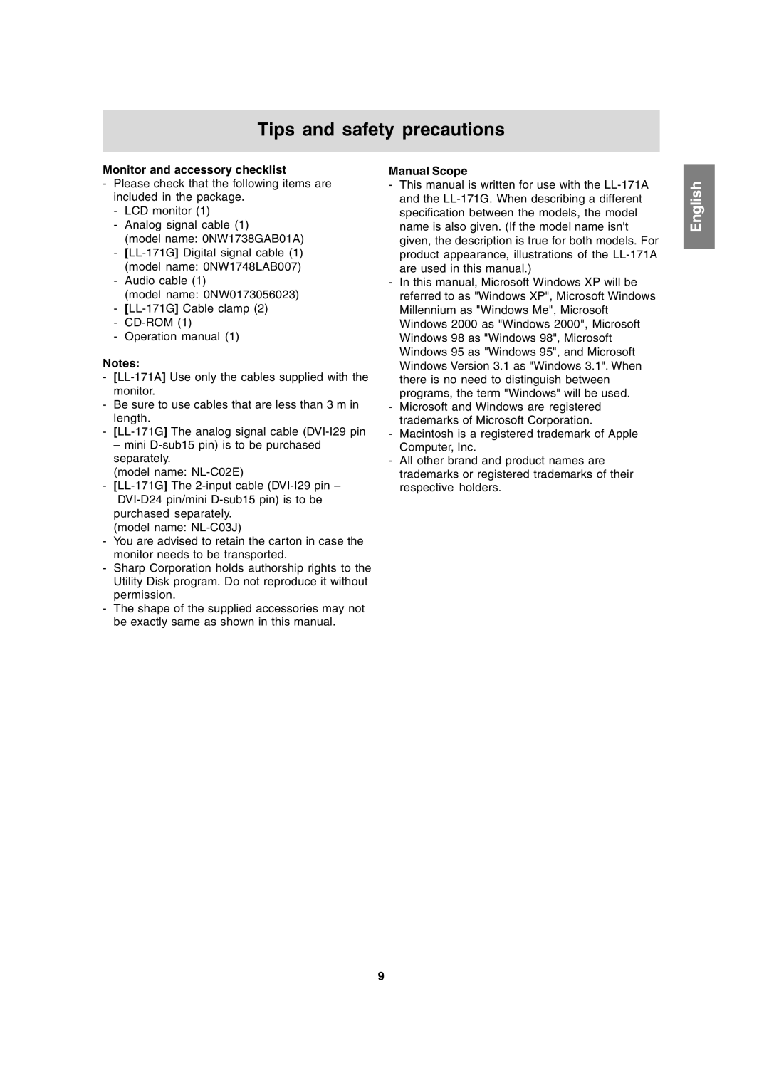 Sharp LL-171A, LL-171G operation manual Tips and safety precautions, Monitor and accessory checklist, Manual Scope 