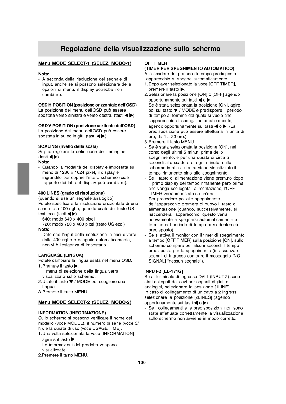 Sharp LL-171A LL-171G operation manual Menu Mode SELECT-1 SELEZ. MODO-1, Menu Mode SELECT-2 SELEZ. MODO-2, Language Lingua 