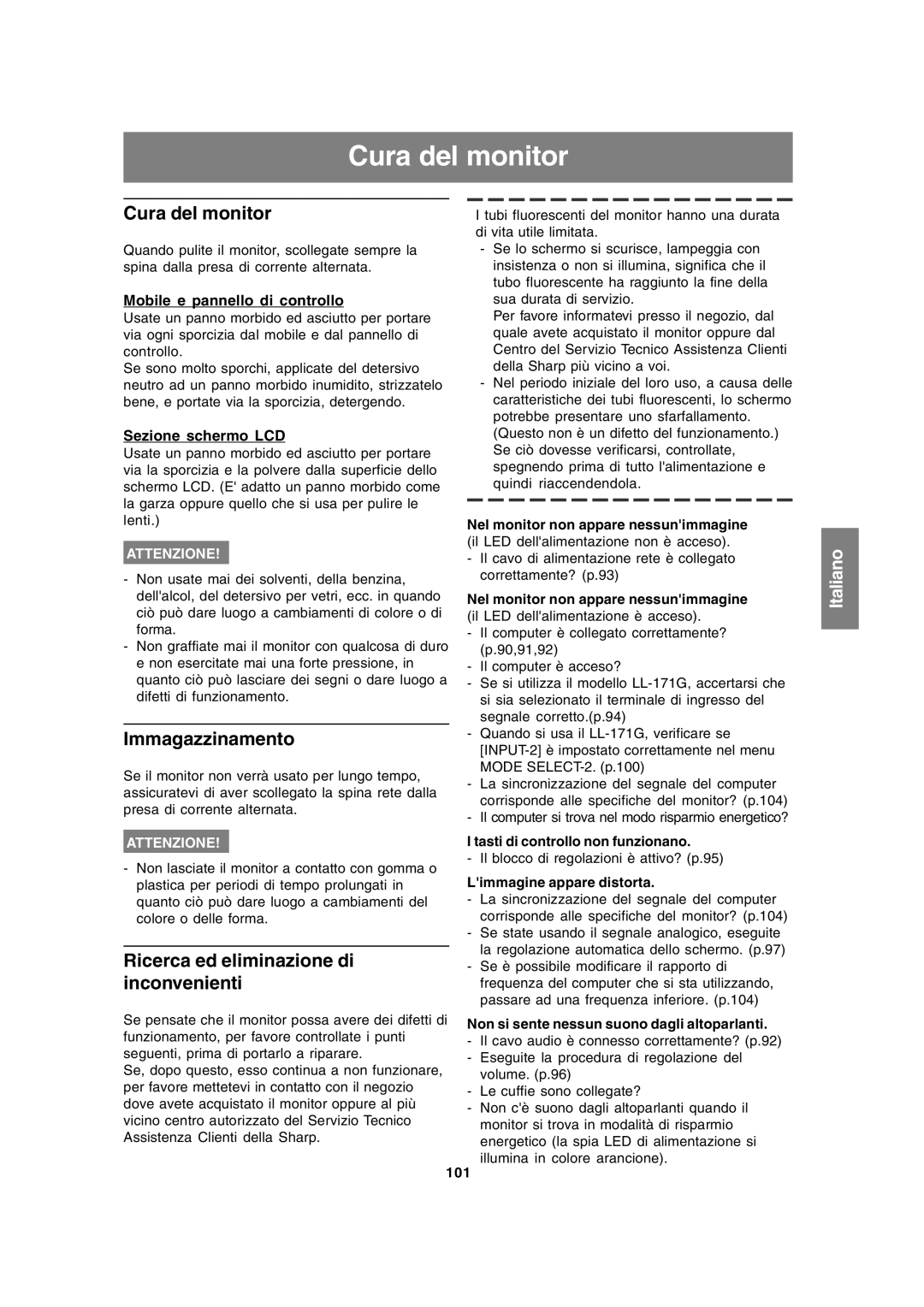 Sharp LL-171A LL-171G operation manual Cura del monitor, Immagazzinamento, Ricerca ed eliminazione di inconvenienti 