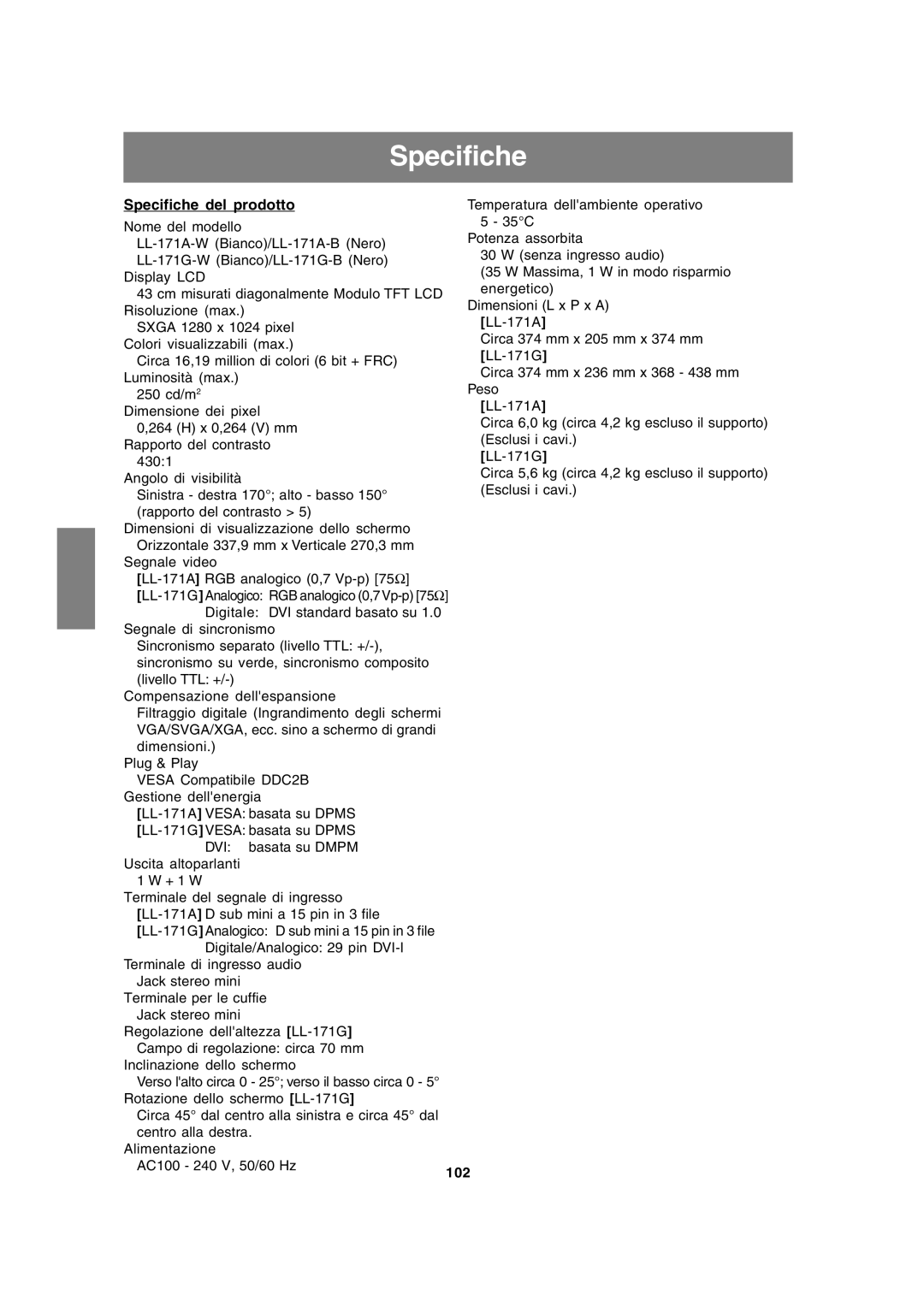 Sharp LL-171A LL-171G operation manual Specifiche del prodotto, 102 