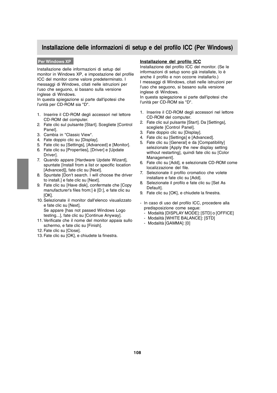 Sharp LL-171A LL-171G operation manual Installazione del profilo ICC, 108 