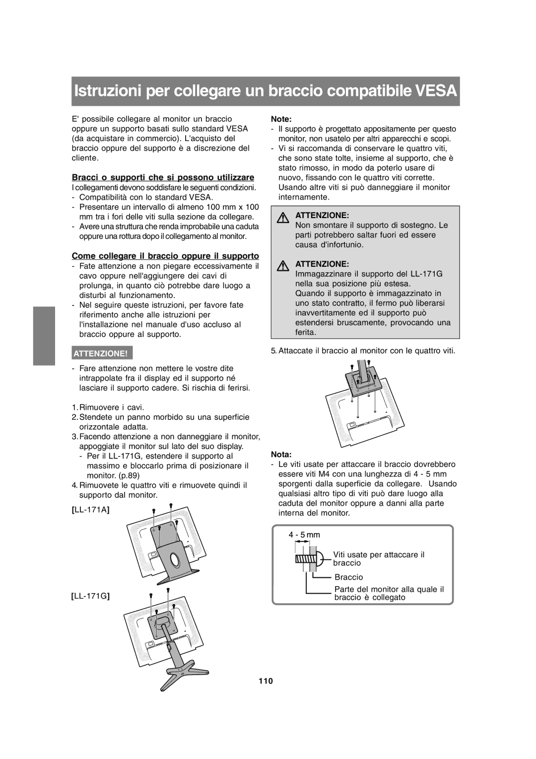 Sharp LL-171A LL-171G Istruzioni per collegare un braccio compatibile Vesa, Bracci o supporti che si possono utilizzare 