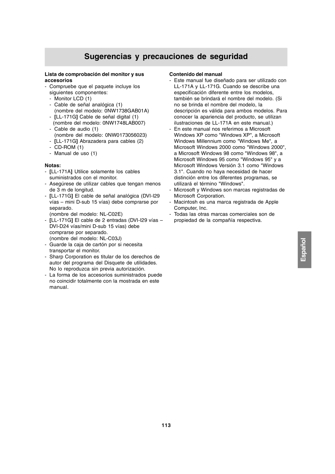 Sharp LL-171A LL-171G Sugerencias y precauciones de seguridad, Lista de comprobación del monitor y sus accesorios, Notas 