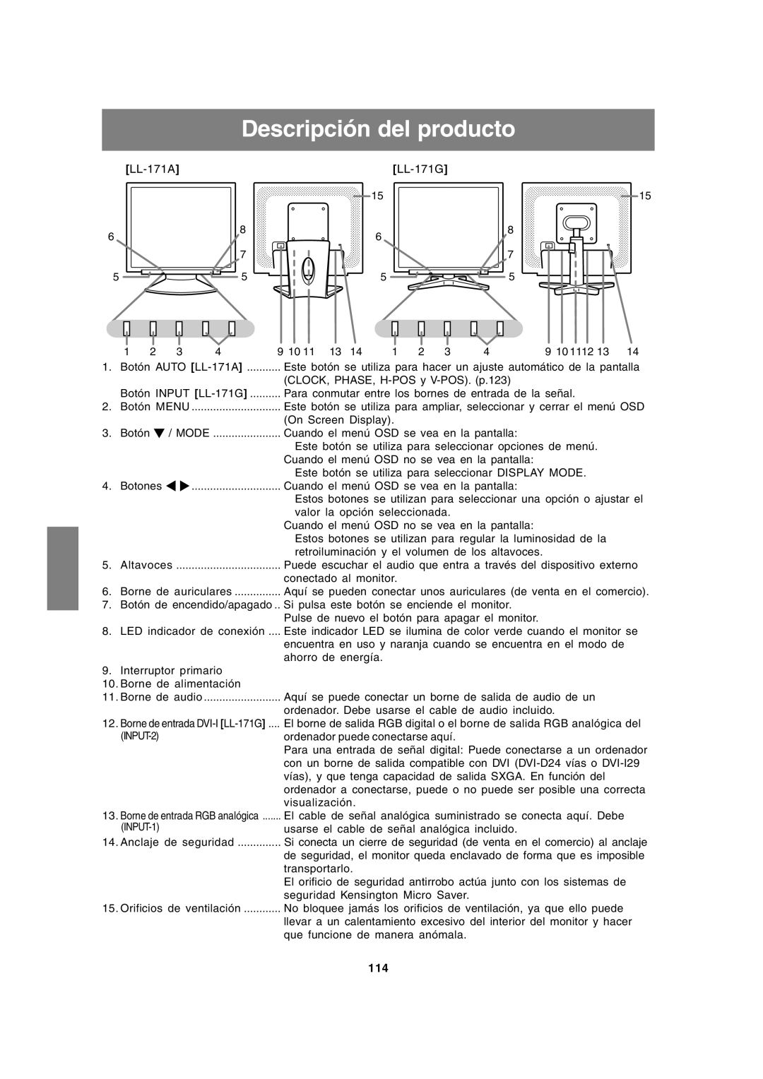 Sharp LL-171A LL-171G operation manual Descripción del producto, 114 