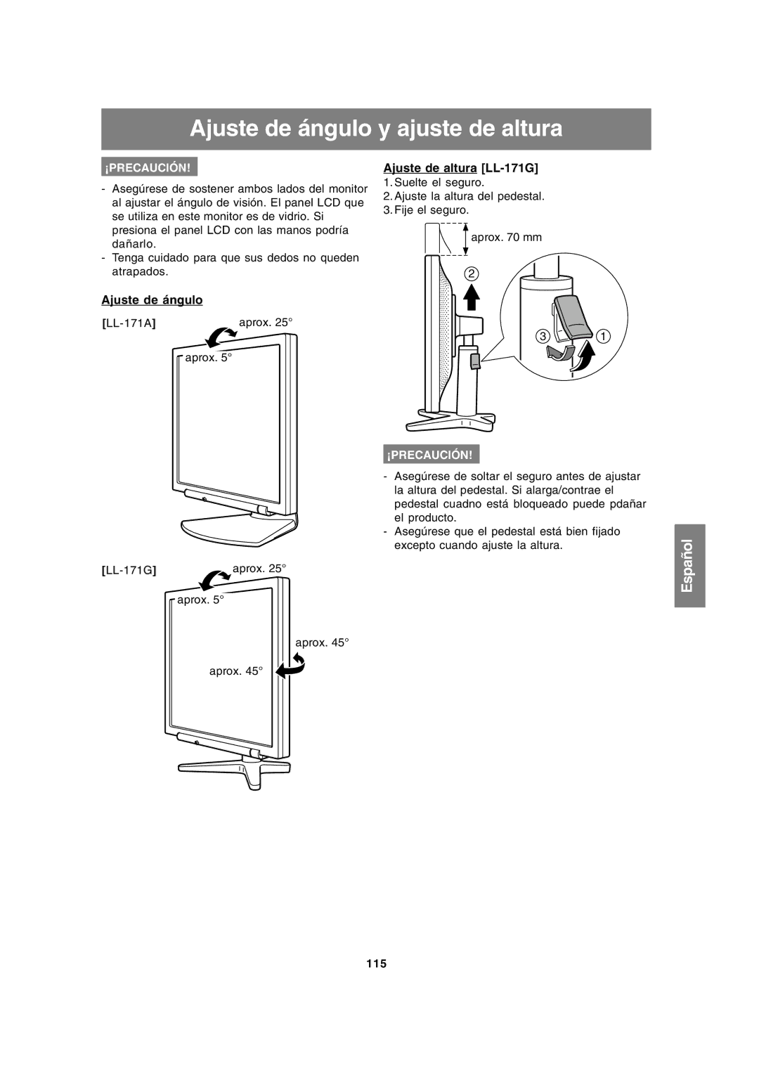 Sharp LL-171A LL-171G operation manual Ajuste de ángulo y ajuste de altura, Ajuste de altura LL-171G 