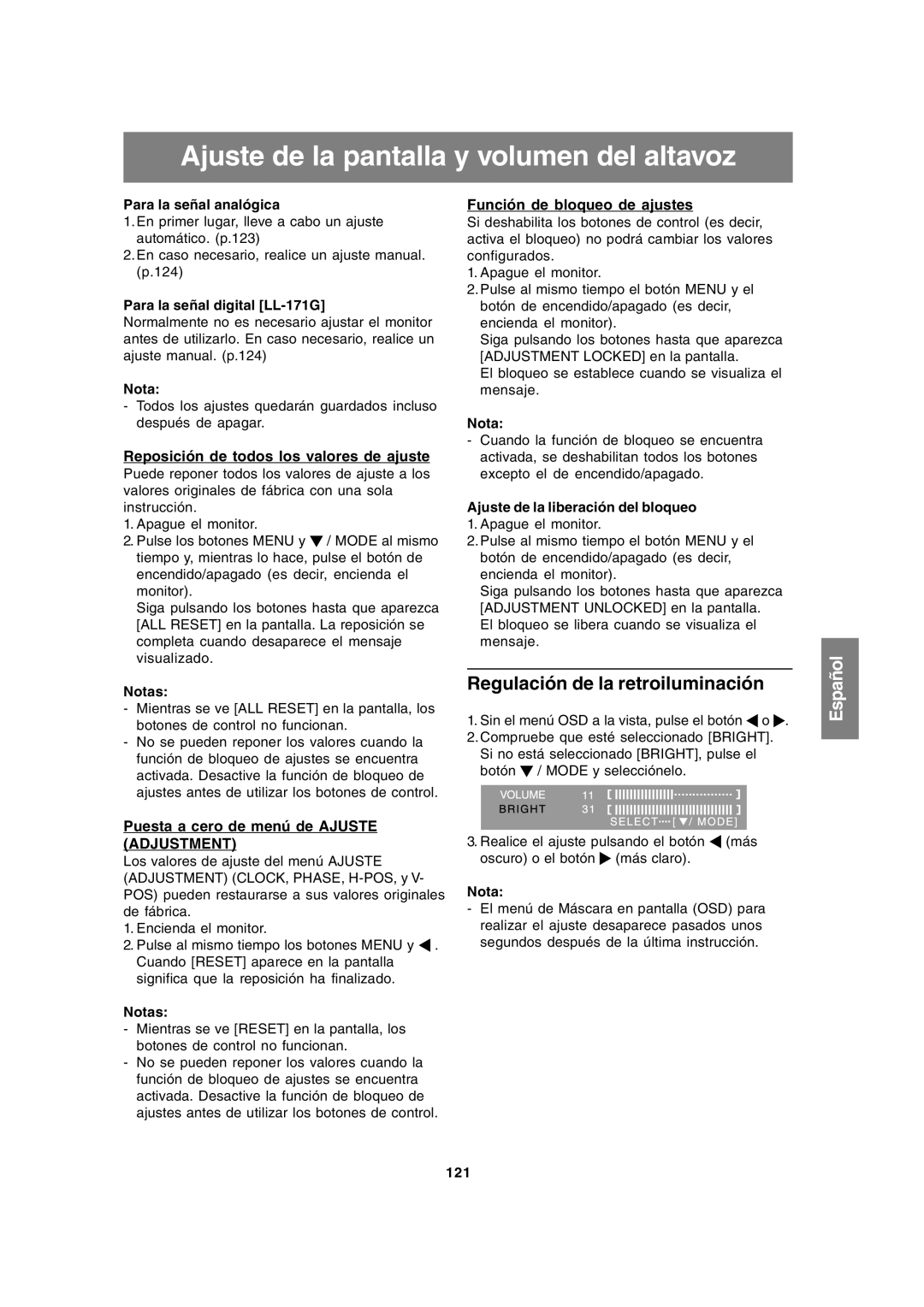 Sharp LL-171A LL-171G operation manual Ajuste de la pantalla y volumen del altavoz, Regulación de la retroiluminación 