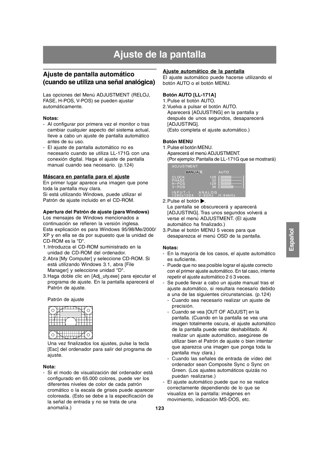 Sharp LL-171A LL-171G Ajuste de la pantalla, Ajuste automático de la pantalla, Máscara en pantalla para el ajuste 