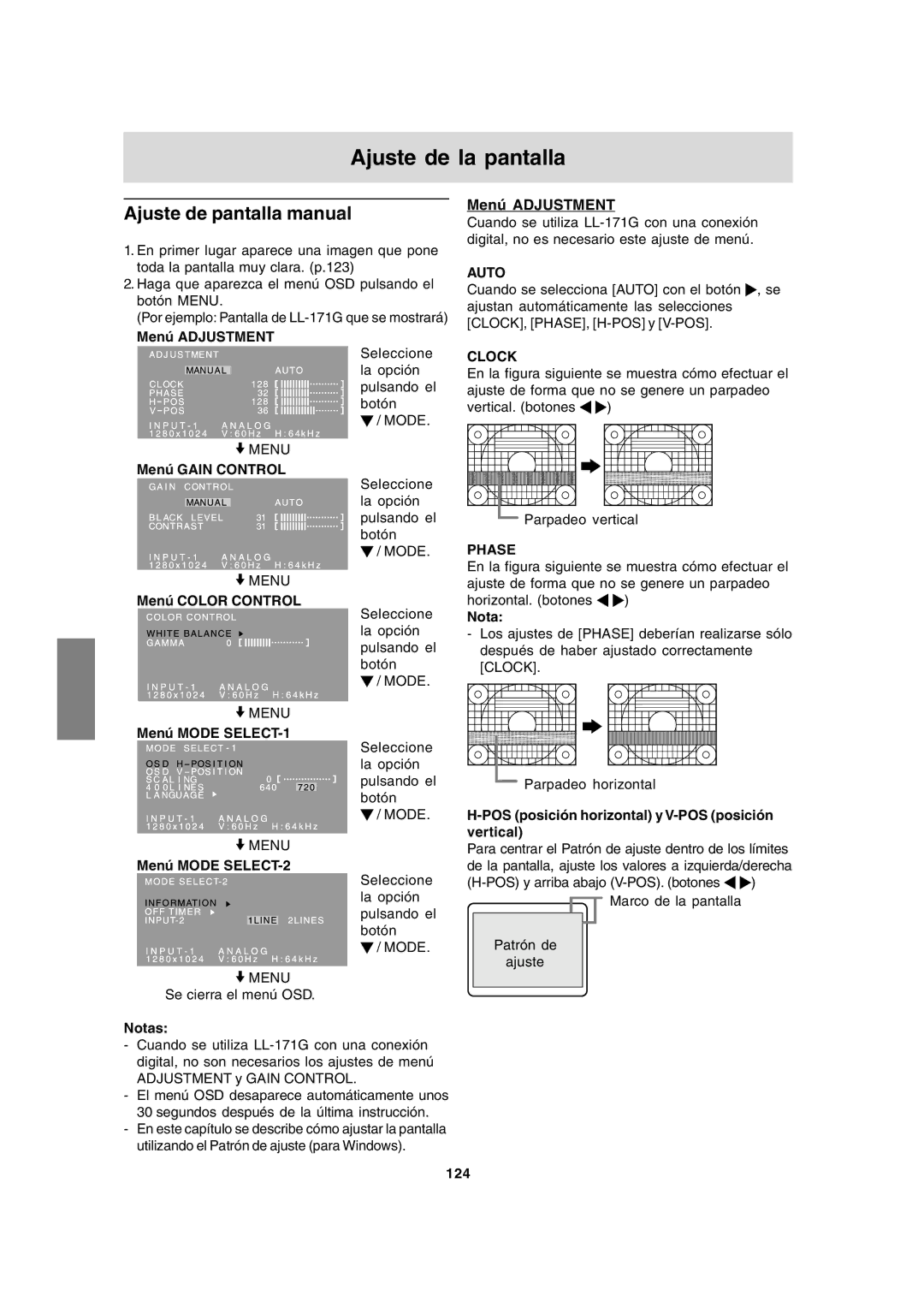 Sharp LL-171A LL-171G operation manual Ajuste de la pantalla, Ajuste de pantalla manual, Menú Adjustment 