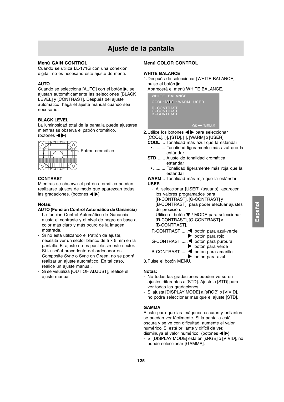 Sharp LL-171A LL-171G Menú Gain Control, Menú Color Control, Notas Auto Función Control Automático de Ganancia, 125 