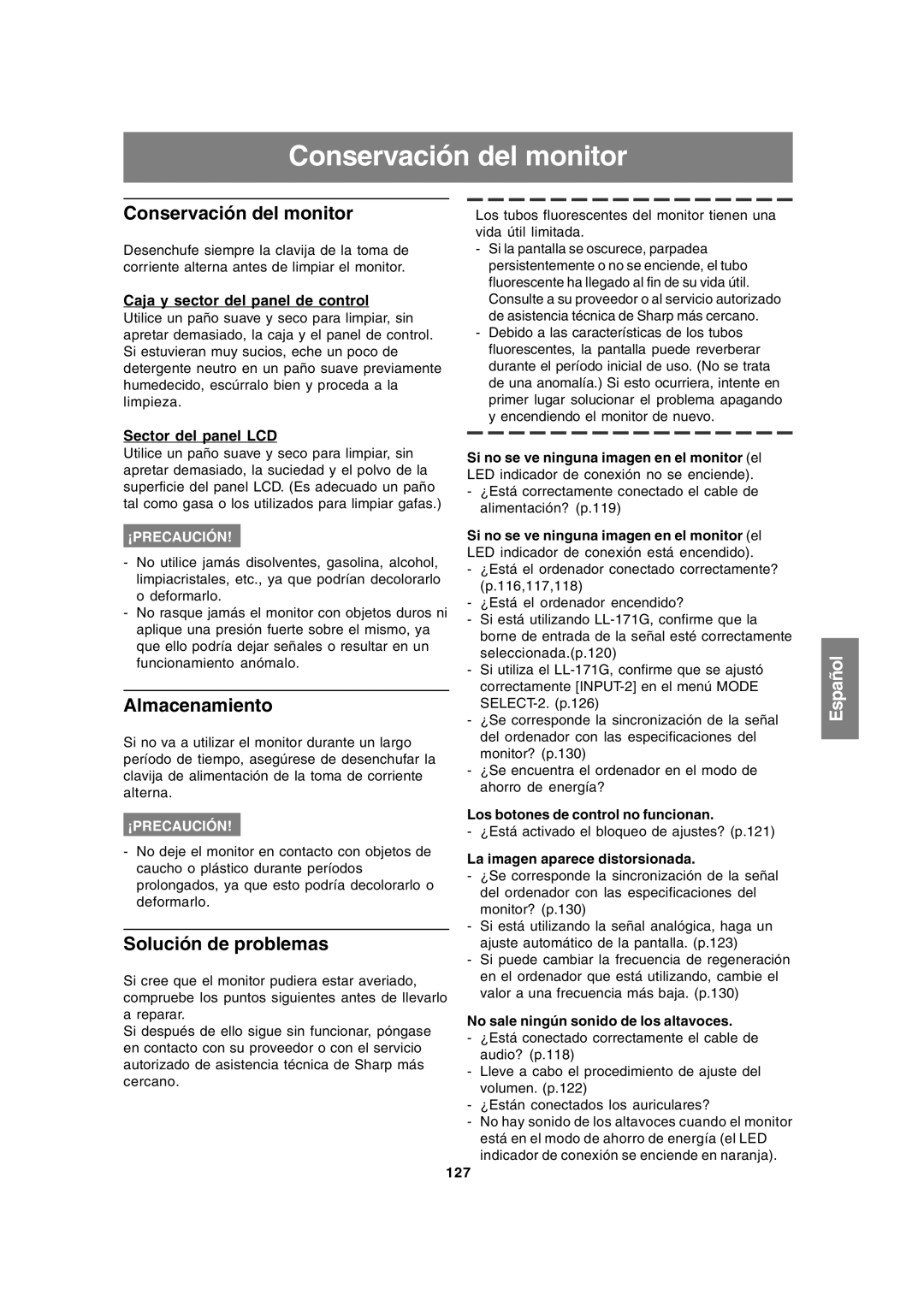 Sharp LL-171A LL-171G operation manual Conservación del monitor, Almacenamiento, Solución de problemas 