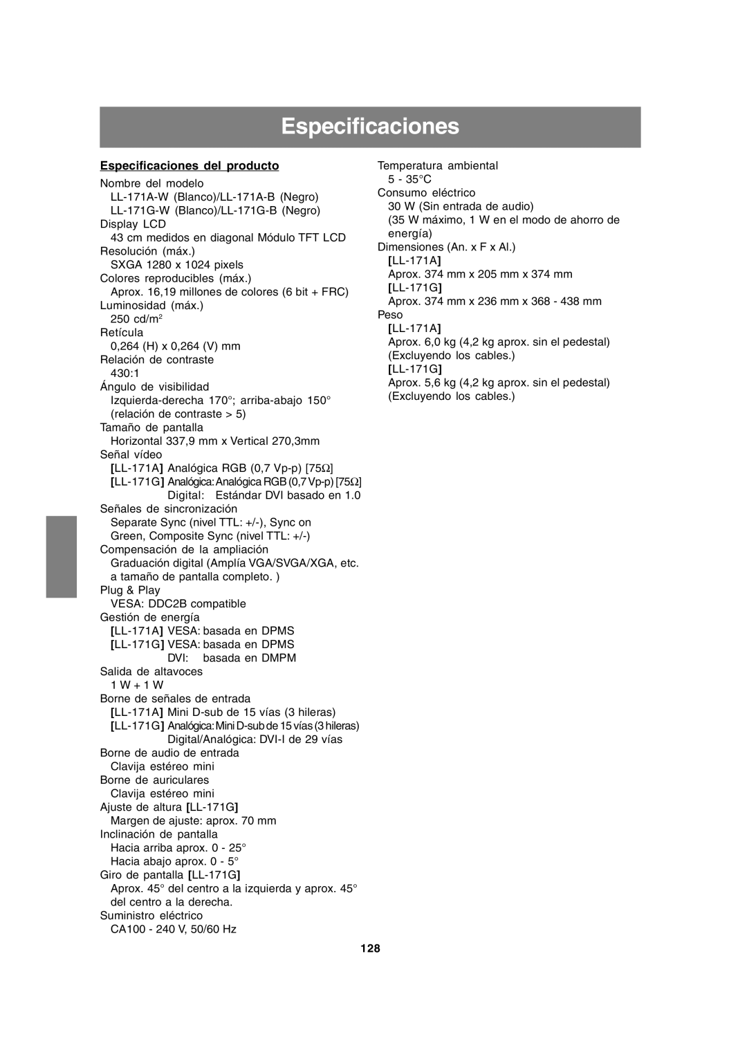 Sharp LL-171A LL-171G operation manual Especificaciones del producto, 128 