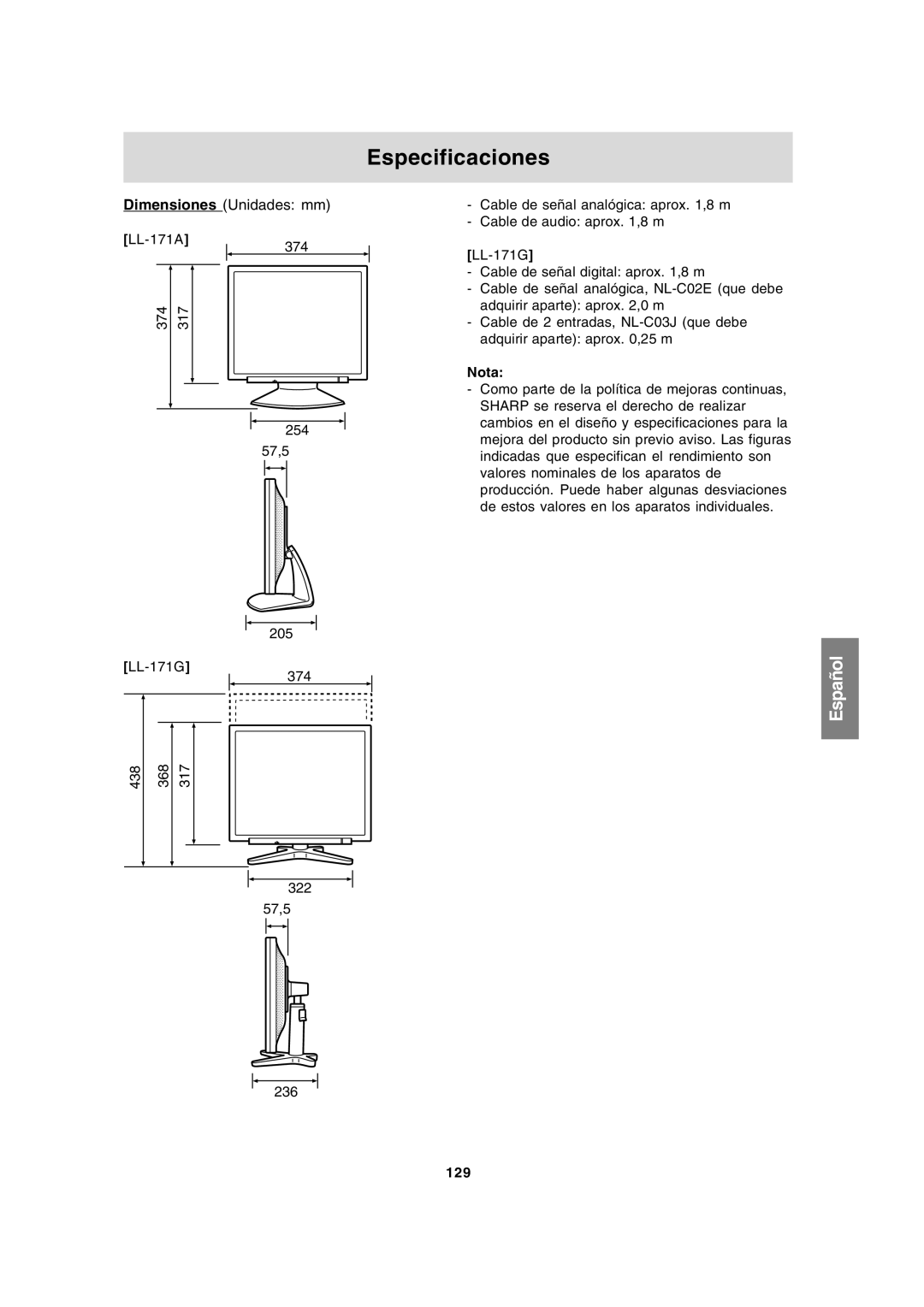 Sharp LL-171A LL-171G operation manual Especificaciones, 129 