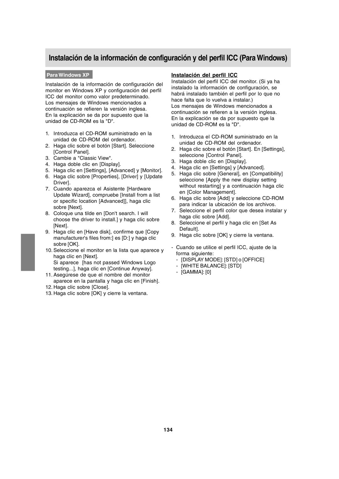 Sharp LL-171A LL-171G operation manual Para Windows XP Instalación del perfil ICC, 134 