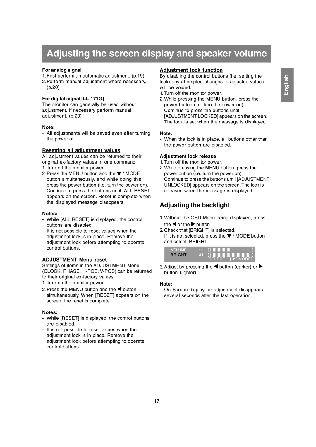 Sharp LL-171A LL-171G Adjusting the screen display and speaker volume, Adjusting the backlight, Adjustment lock function 