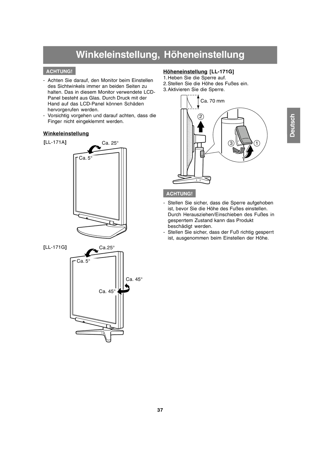 Sharp LL-171A LL-171G operation manual Winkeleinstellung, Höheneinstellung, Höheneinstellung LL-171G 