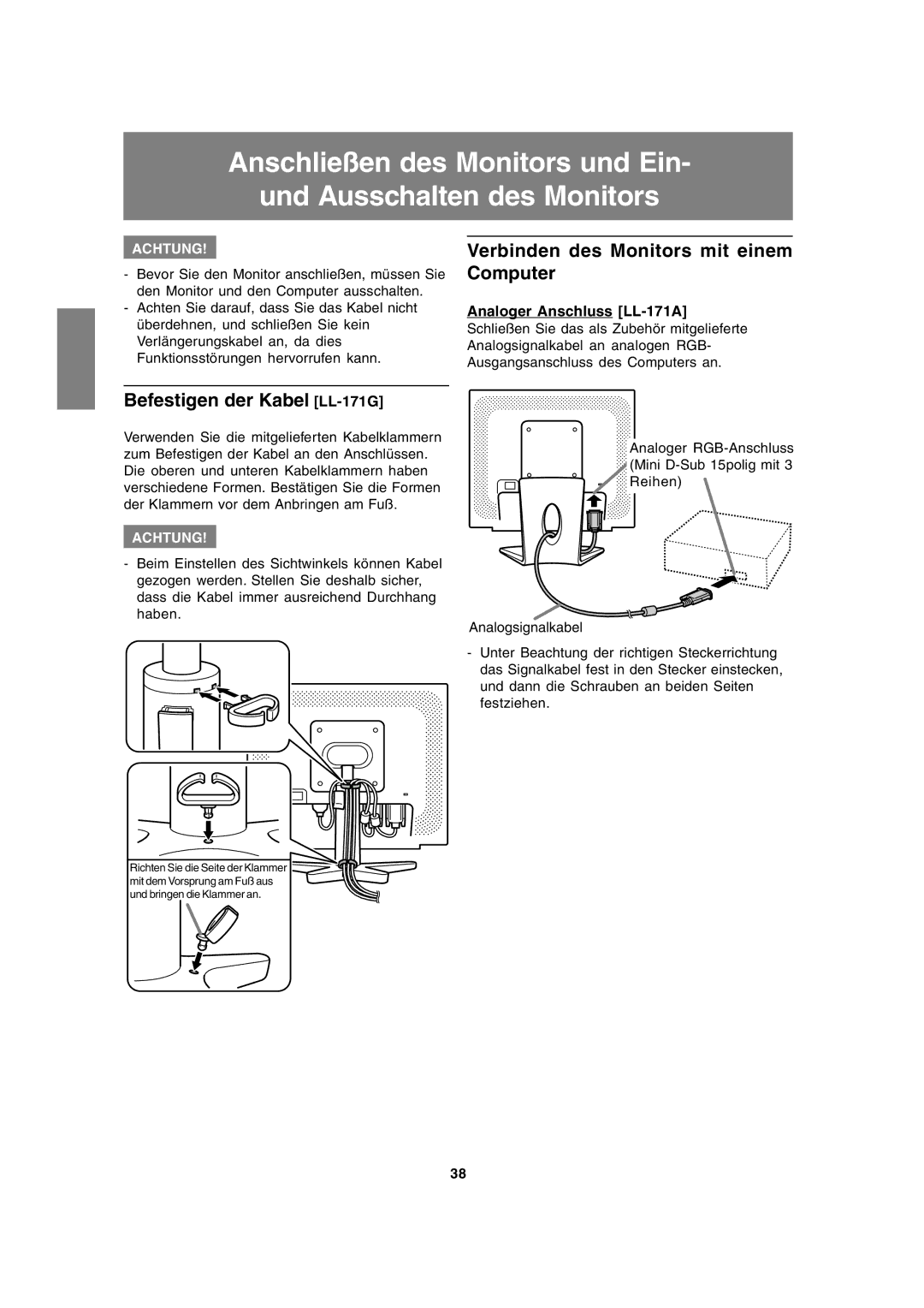 Sharp LL-171A LL-171G Verbinden des Monitors mit einem Computer, Befestigen der Kabel LL-171G, Analoger Anschluss LL-171A 