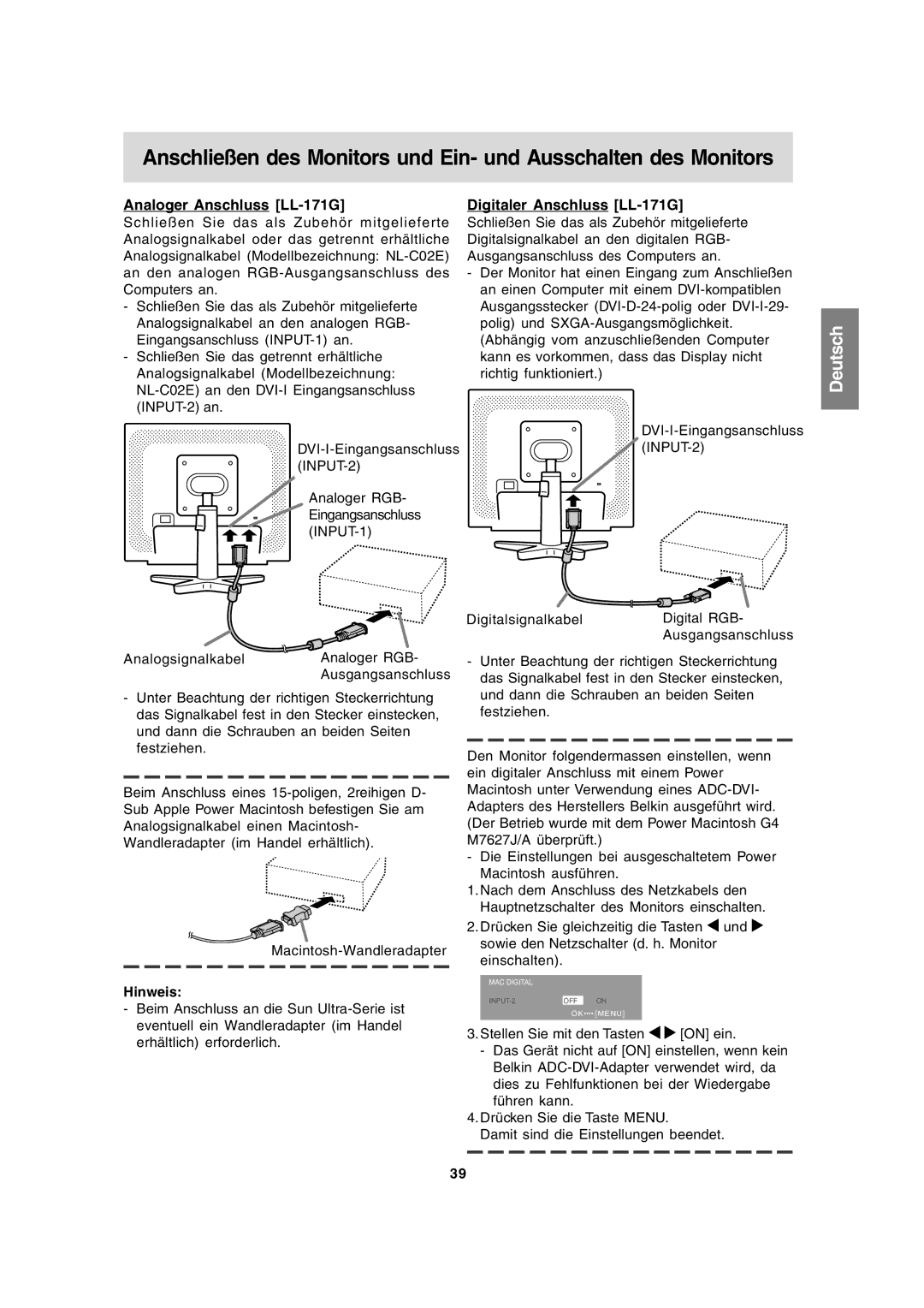 Sharp LL-171A LL-171G operation manual Analoger Anschluss LL-171G, Digitaler Anschluss LL-171G, Hinweis 