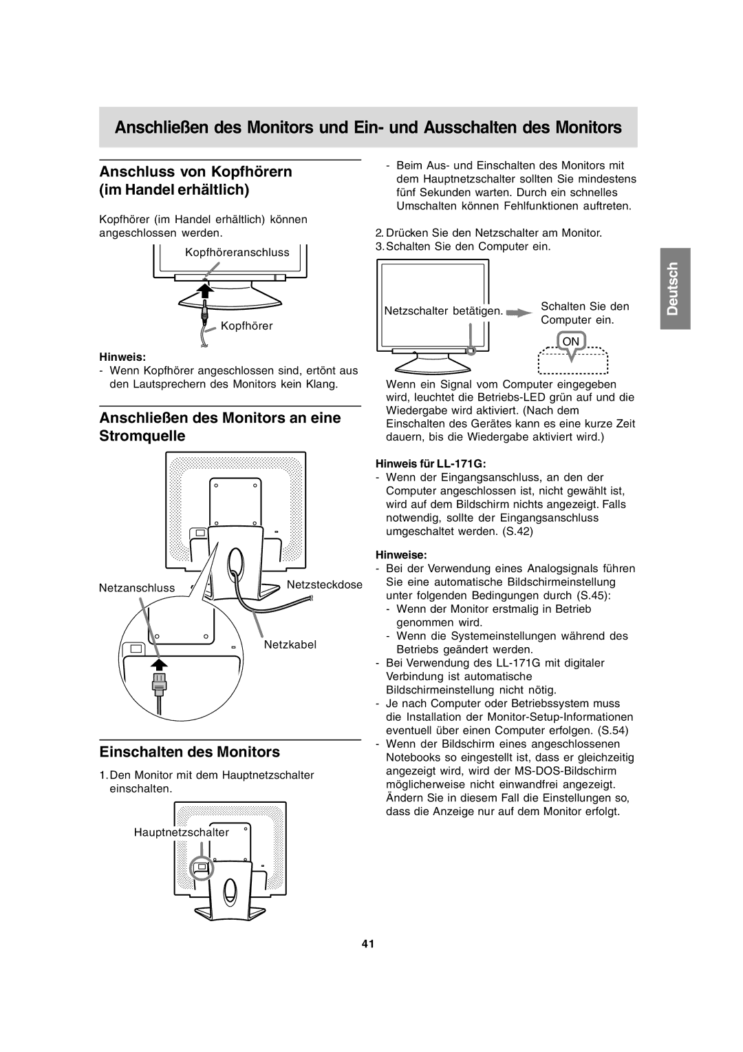 Sharp LL-171A LL-171G Anschluss von Kopfhörern im Handel erhältlich, Anschließen des Monitors an eine Stromquelle 