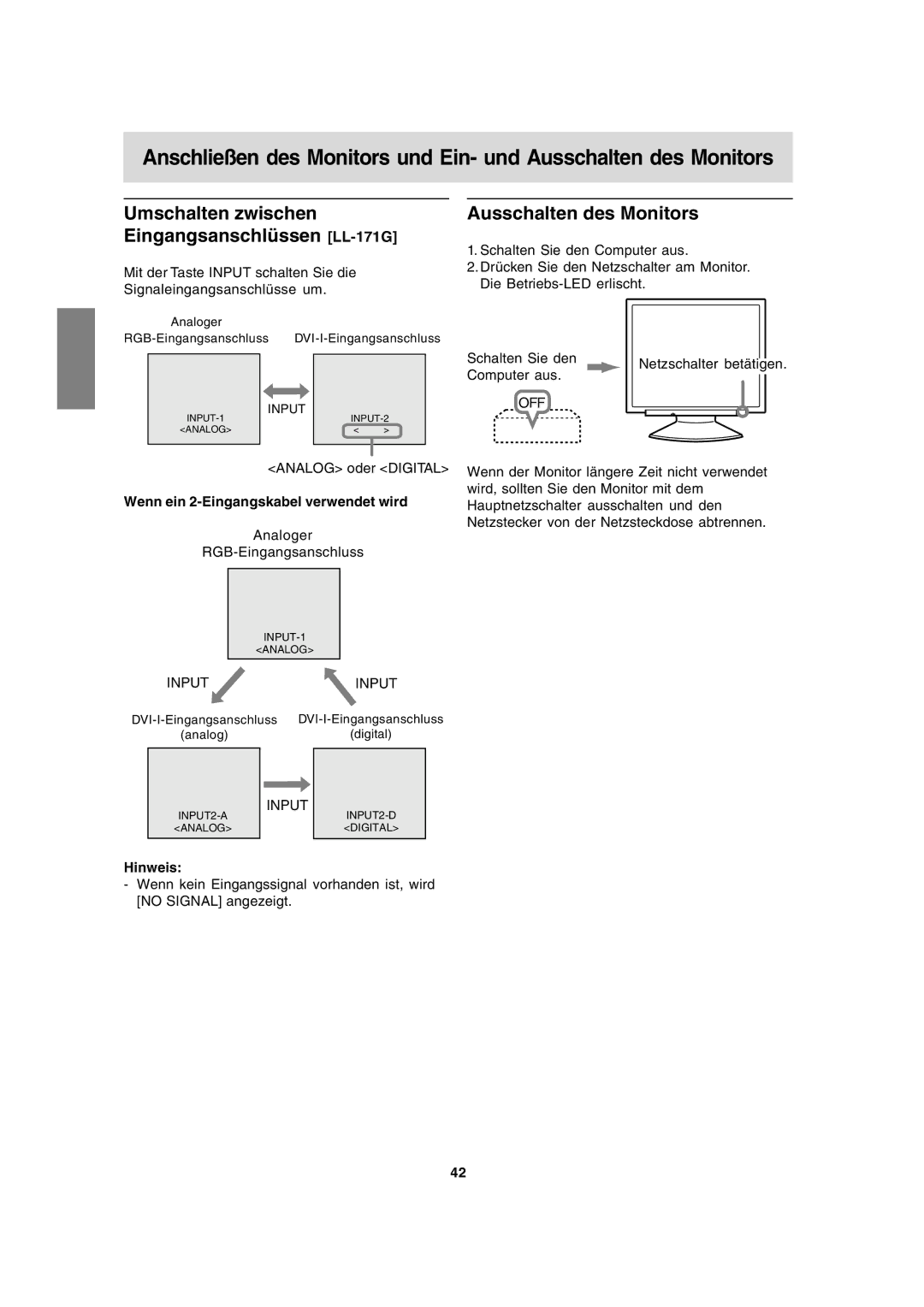 Sharp LL-171A LL-171G operation manual Umschalten zwischen Eingangsanschlüssen LL-171G, Ausschalten des Monitors 