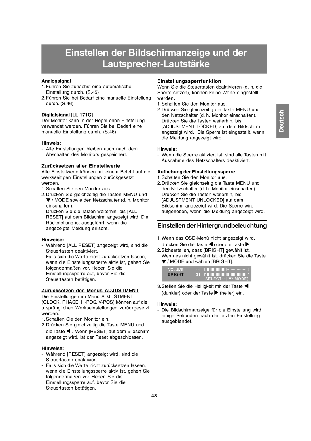 Sharp LL-171A LL-171G Einstellen der Hintergrundbeleuchtung, Einstellungssperrfunktion, Zurücksetzen aller Einstellwerte 