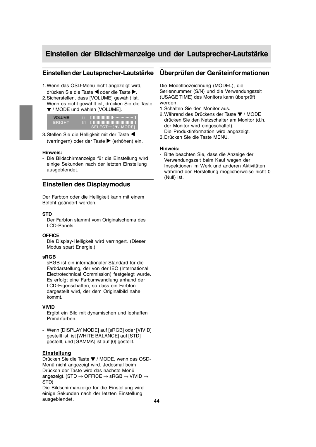 Sharp LL-171A LL-171G operation manual Einstellen des Displaymodus, Einstellung 