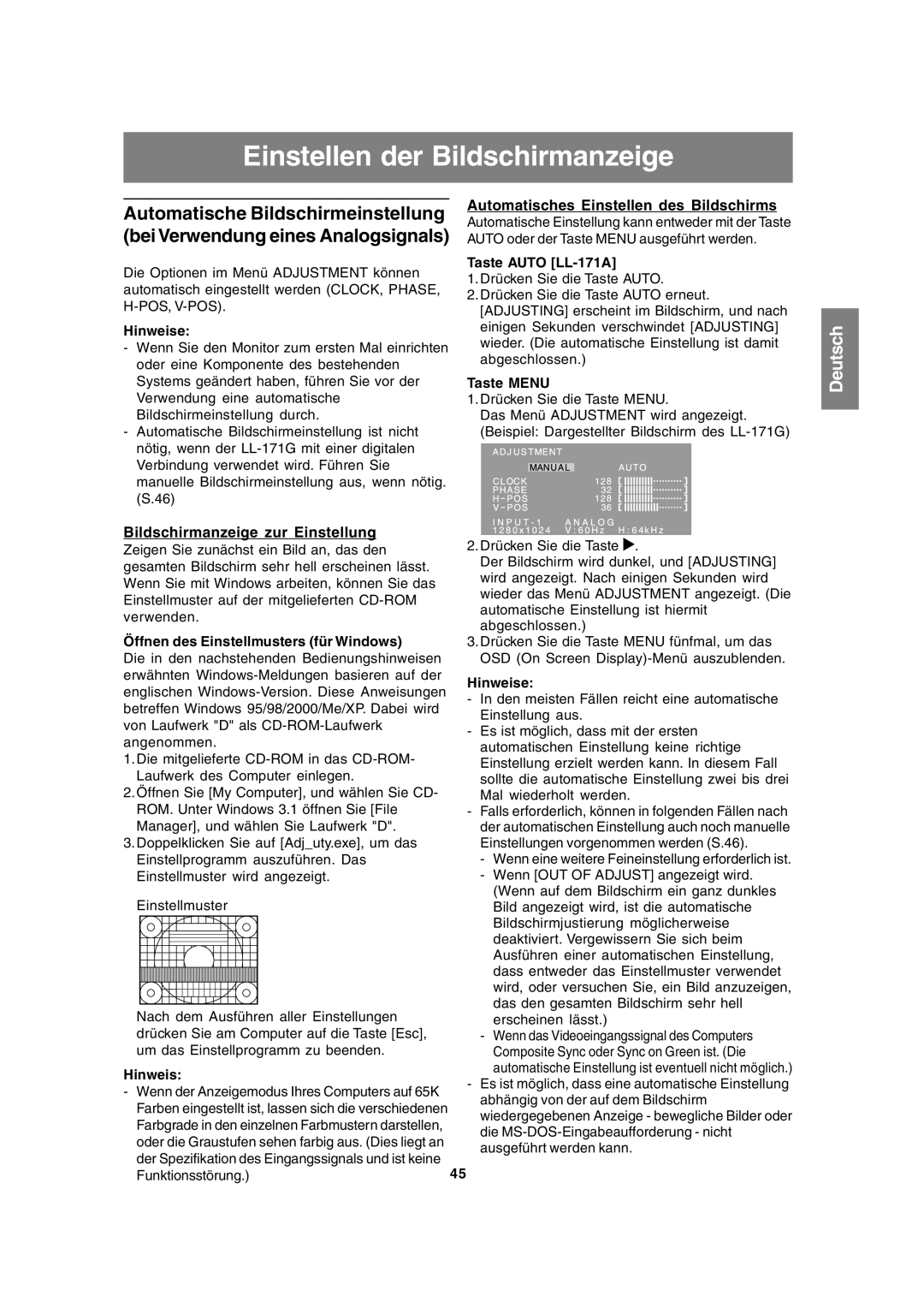 Sharp LL-171A LL-171G operation manual Einstellen der Bildschirmanzeige, Automatisches Einstellen des Bildschirms 