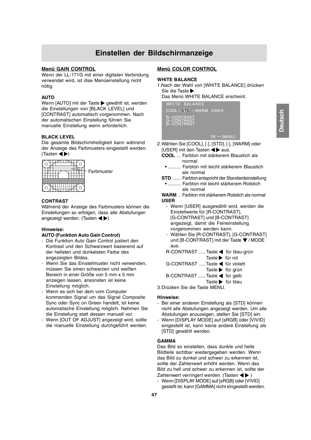 Sharp LL-171A LL-171G operation manual Menü Gain Control, Menü Color Control, Hinweise Auto Funktion Auto Gain Control 