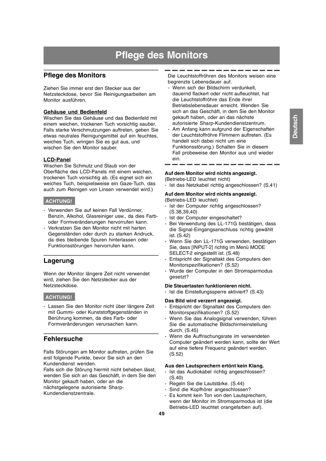 Sharp LL-171A LL-171G operation manual Pflege des Monitors, Lagerung, Fehlersuche 