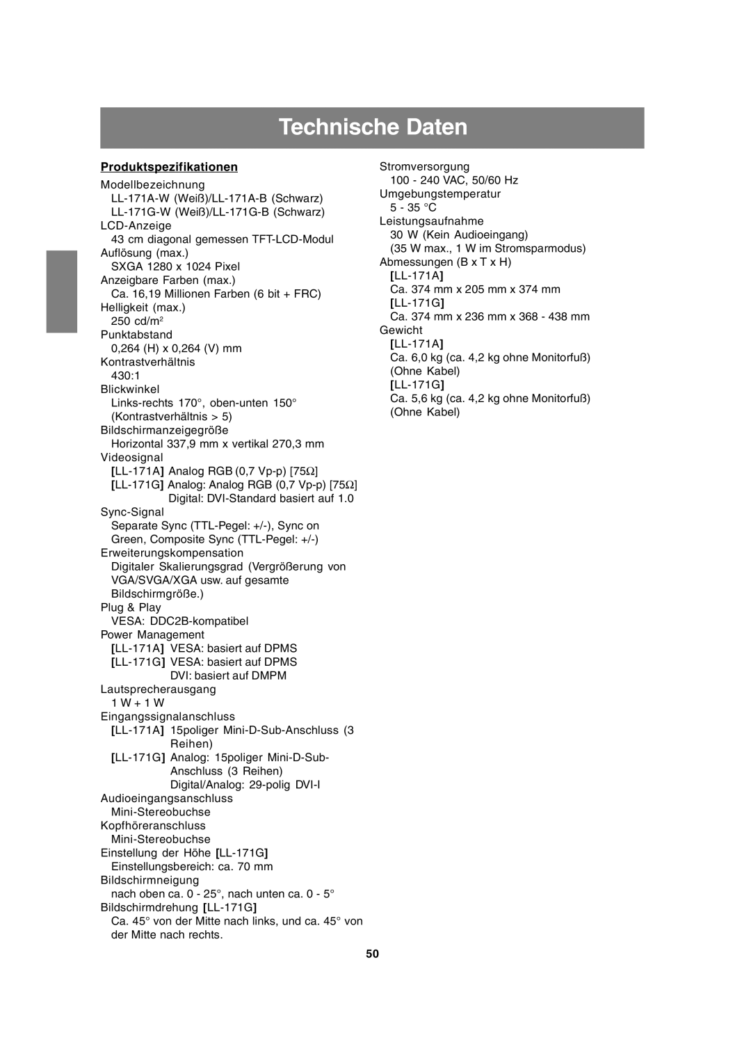 Sharp LL-171A LL-171G operation manual Technische Daten, Produktspezifikationen 