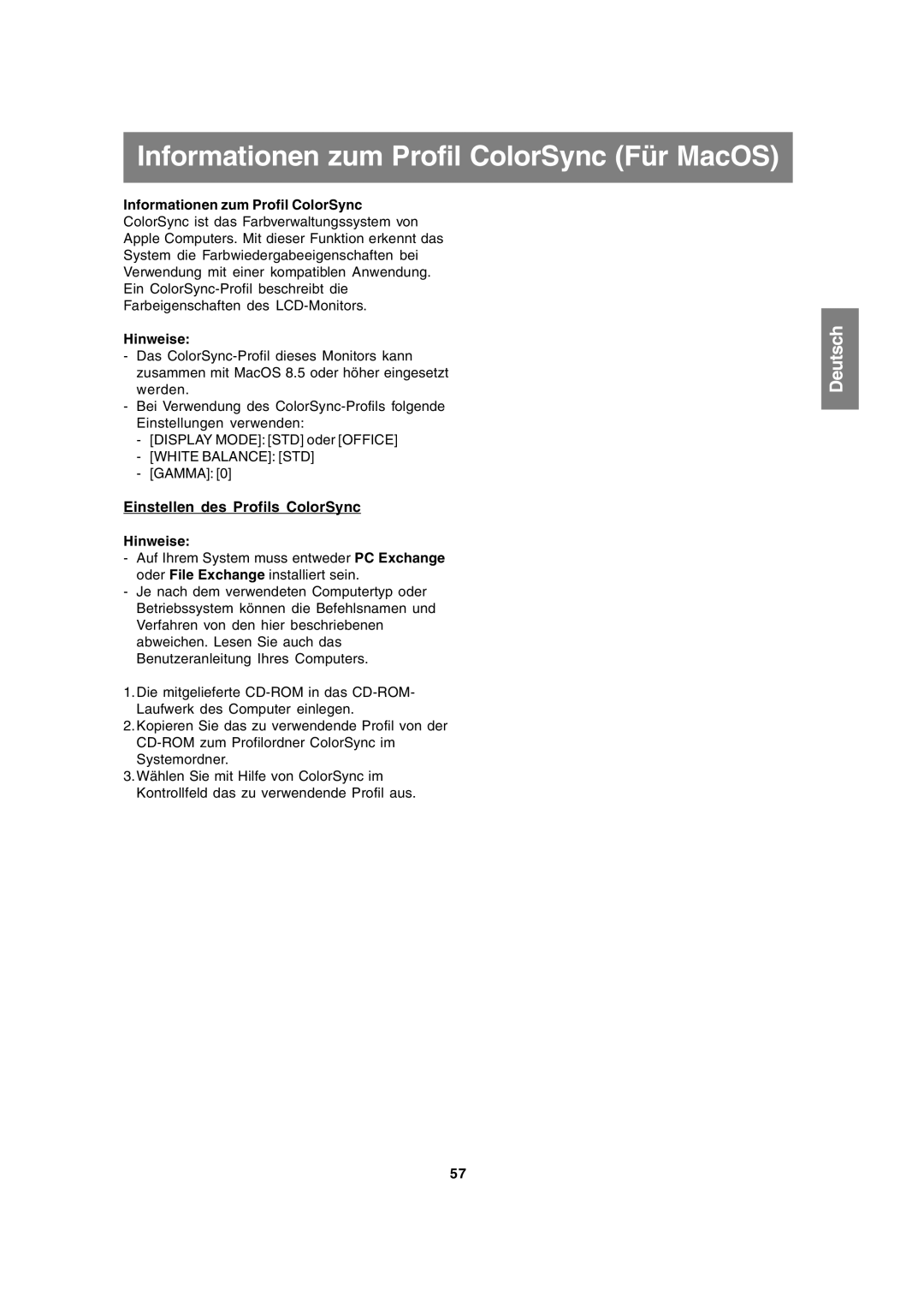 Sharp LL-171A LL-171G operation manual Informationen zum Profil ColorSync Für MacOS, Einstellen des Profils ColorSync 