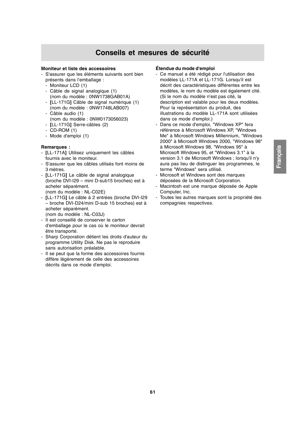 Sharp LL-171A LL-171G operation manual Conseils et mesures de sécurité, Moniteur et liste des accessoires, Remarques 