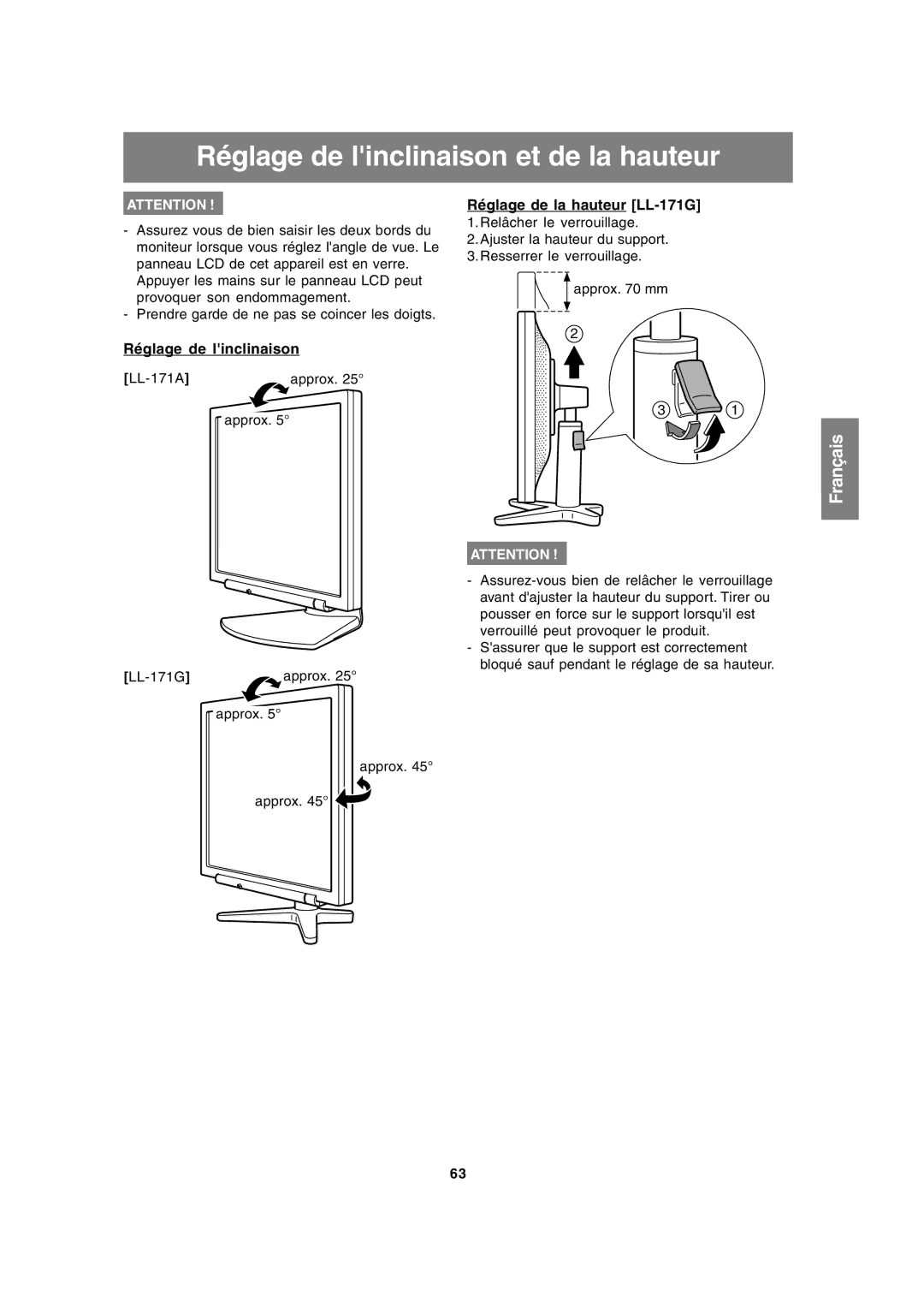 Sharp LL-171A LL-171G operation manual Réglage de linclinaison et de la hauteur, Réglage de la hauteur LL-171G 