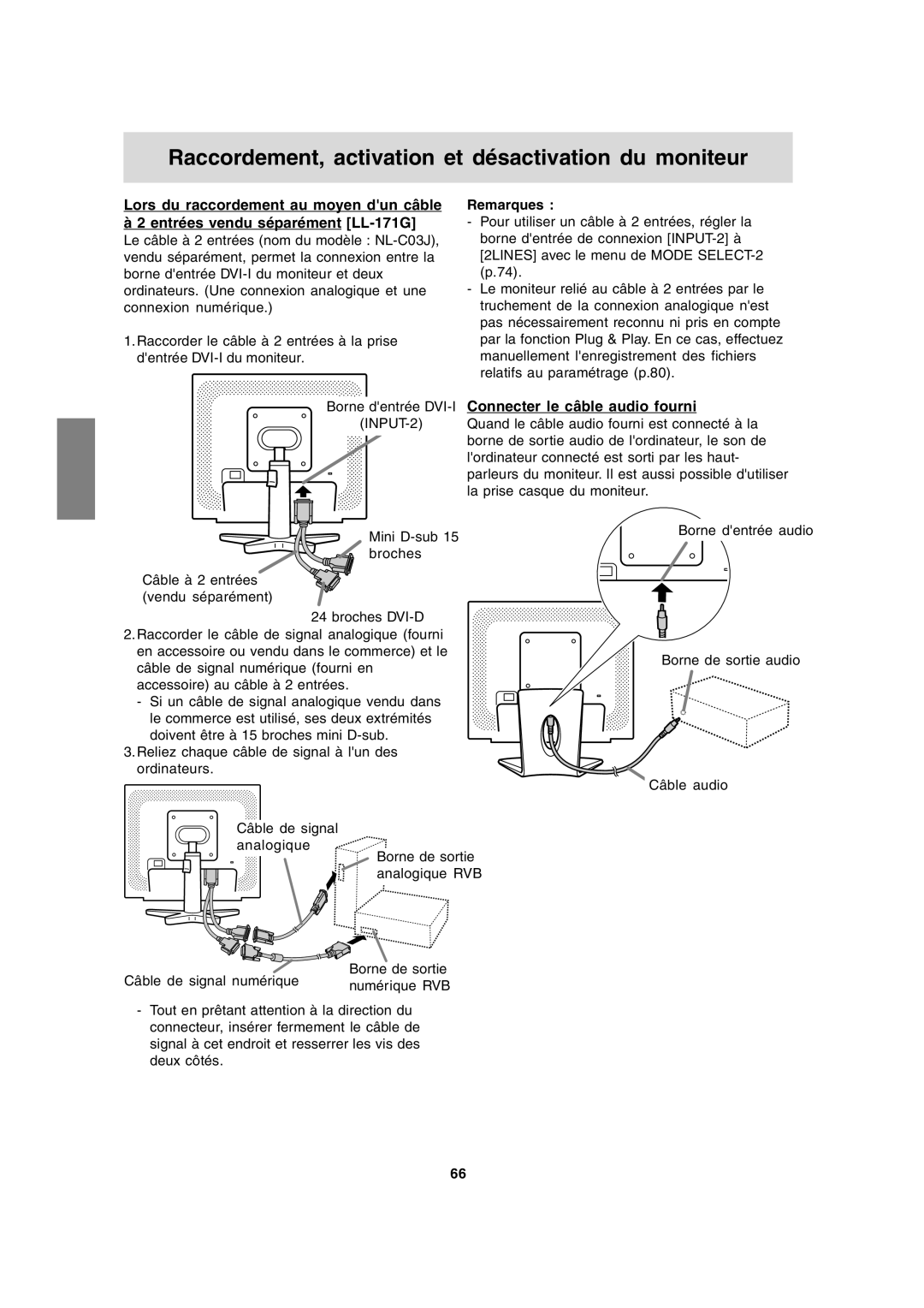 Sharp LL-171A LL-171G operation manual Lors du raccordement au moyen dun câble, Connecter le câble audio fourni 