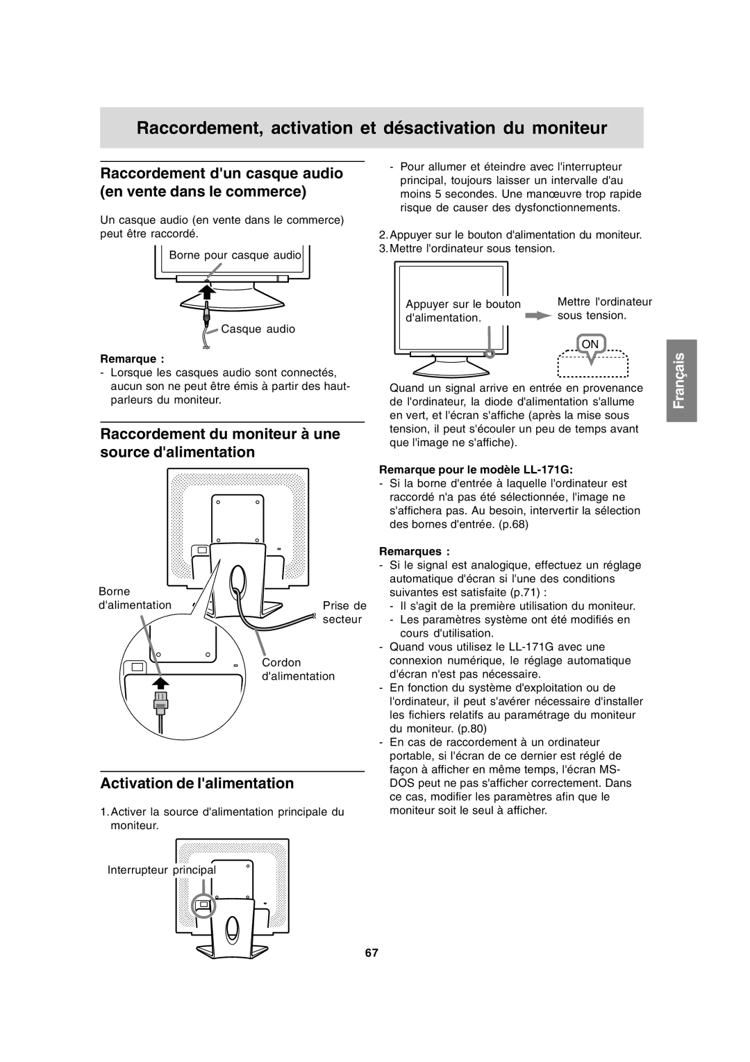 Sharp LL-171A LL-171G operation manual Raccordement dun casque audio en vente dans le commerce, Activation de lalimentation 