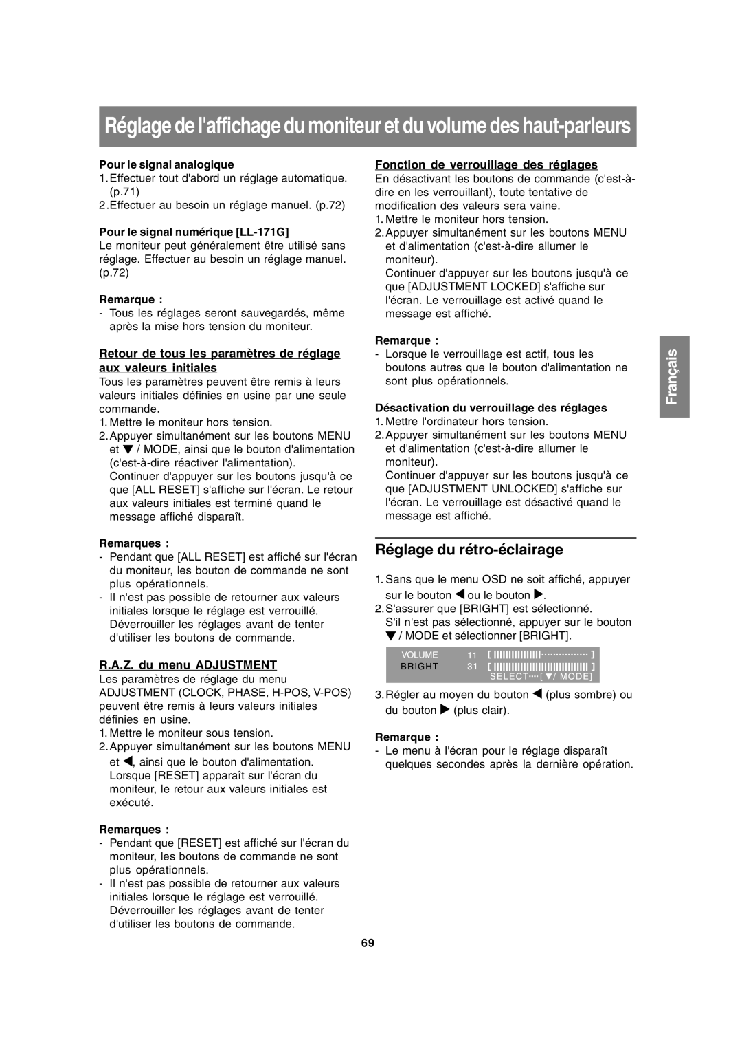 Sharp LL-171A LL-171G Réglage du rétro-éclairage, Fonction de verrouillage des réglages, Z. du menu Adjustment 