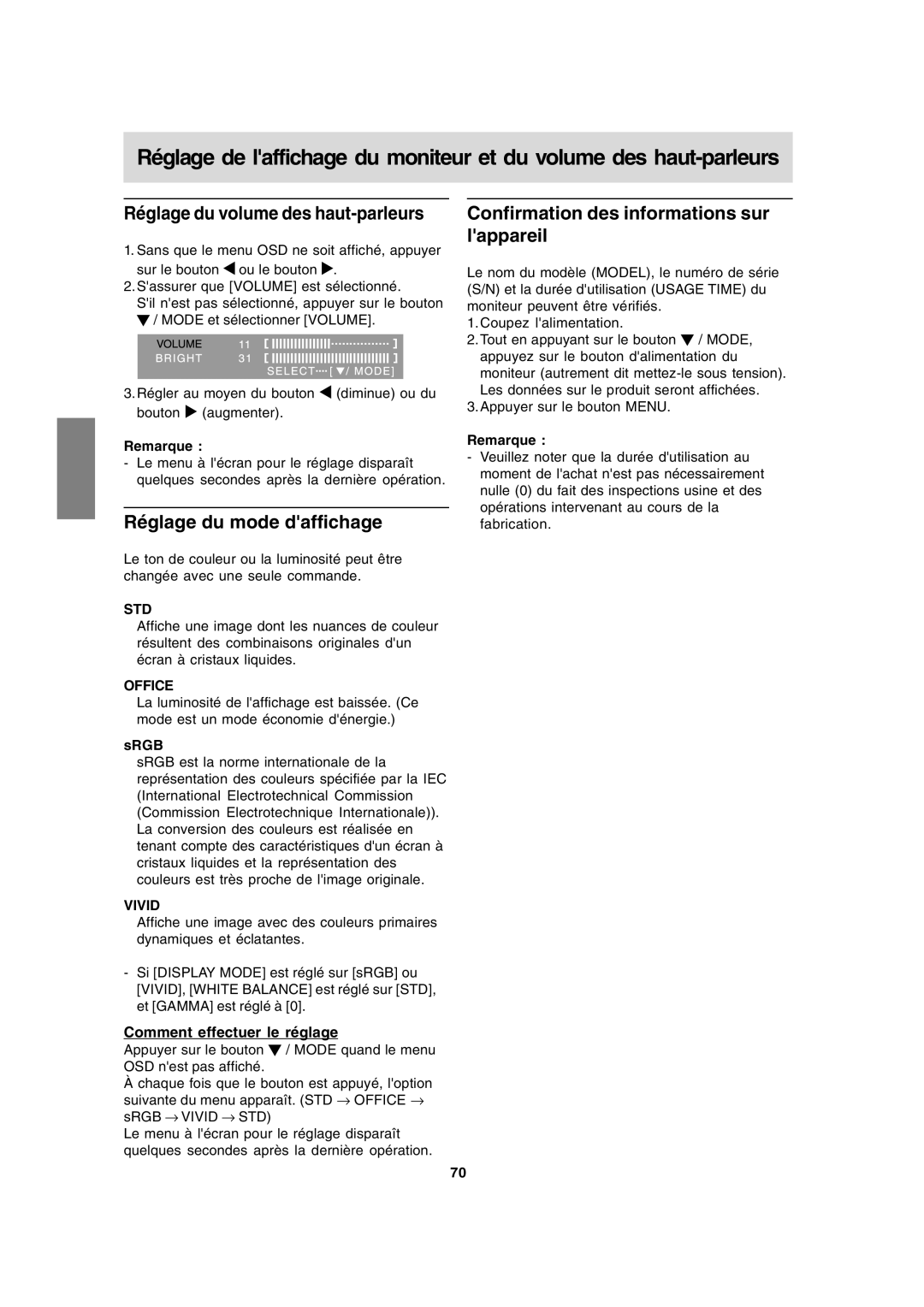 Sharp LL-171A LL-171G Réglage du volume des haut-parleurs, Réglage du mode daffichage, Comment effectuer le réglage 