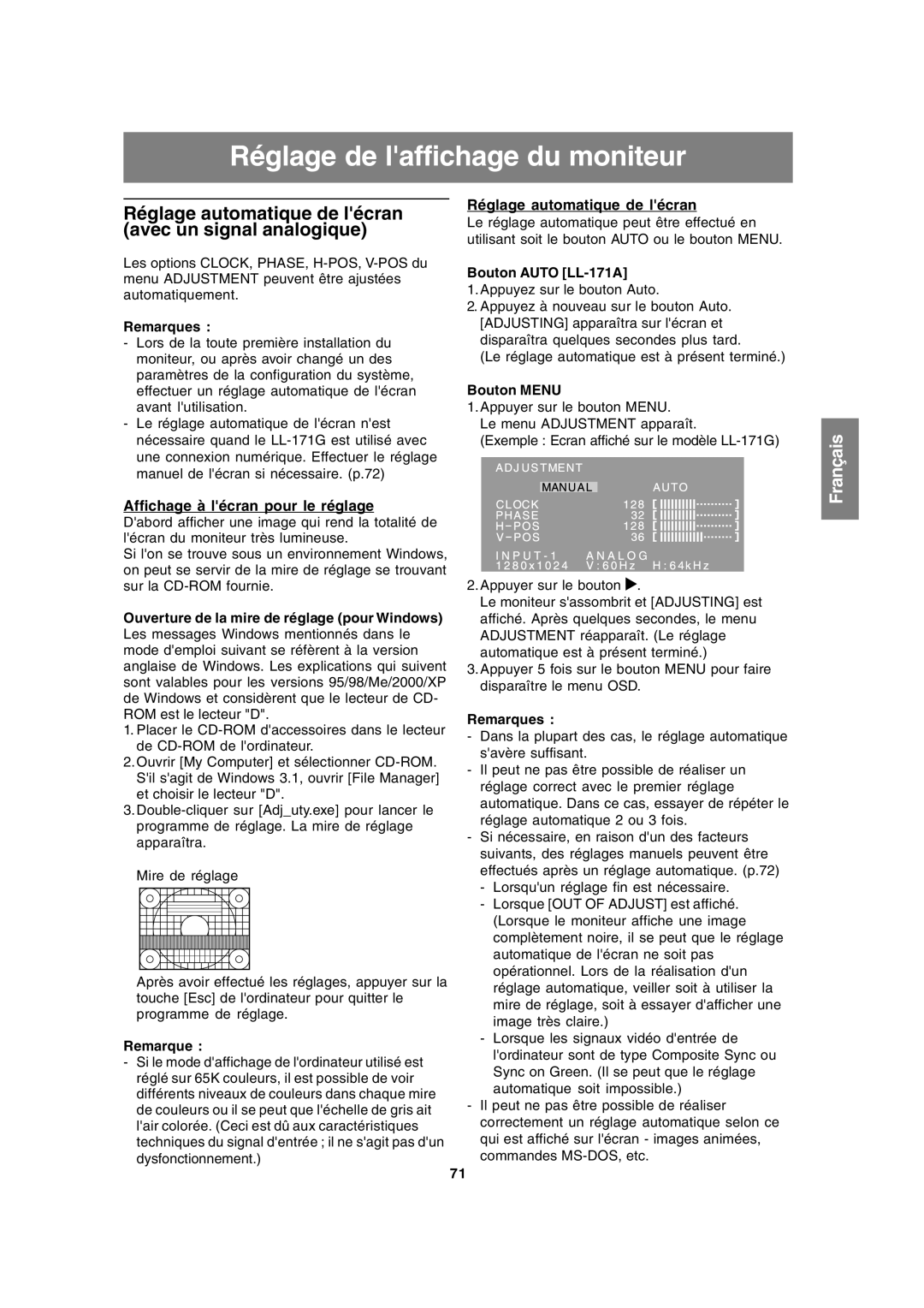 Sharp LL-171A LL-171G Réglage de laffichage du moniteur, Réglage automatique de lécran avec un signal analogique 