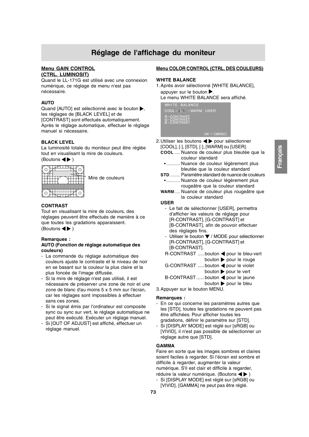 Sharp LL-171A LL-171G operation manual Menu Gain Control CTRL. Luminosit, Menu Color Control CTRL. DES Couleurs 