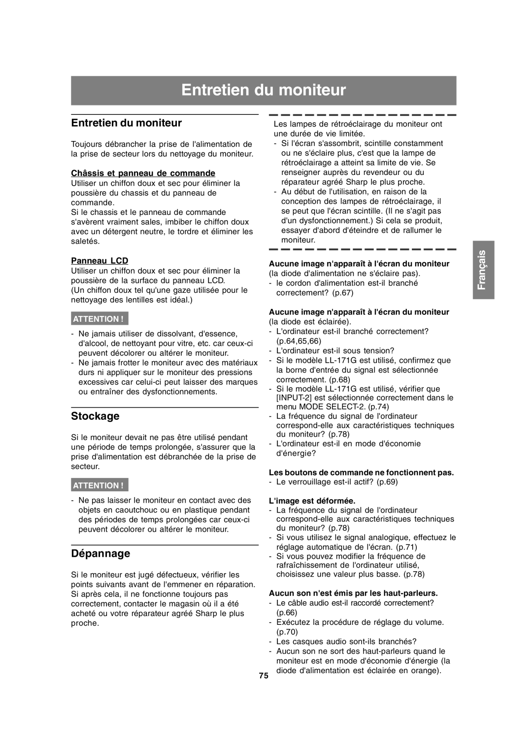 Sharp LL-171A LL-171G operation manual Entretien du moniteur, Stockage, Dépannage 