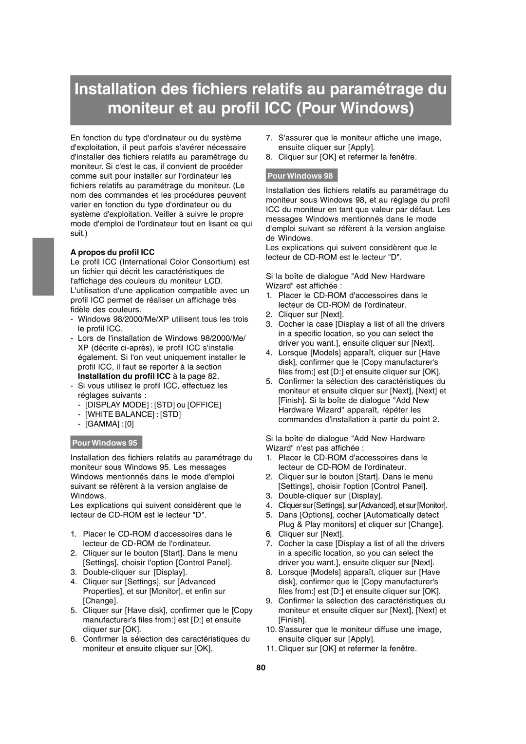 Sharp LL-171A LL-171G operation manual Propos du profil ICC, Pour Windows 