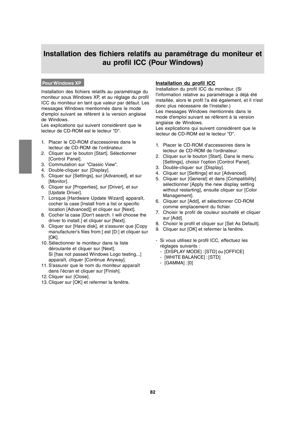 Sharp LL-171A LL-171G operation manual Installation du profil ICC 