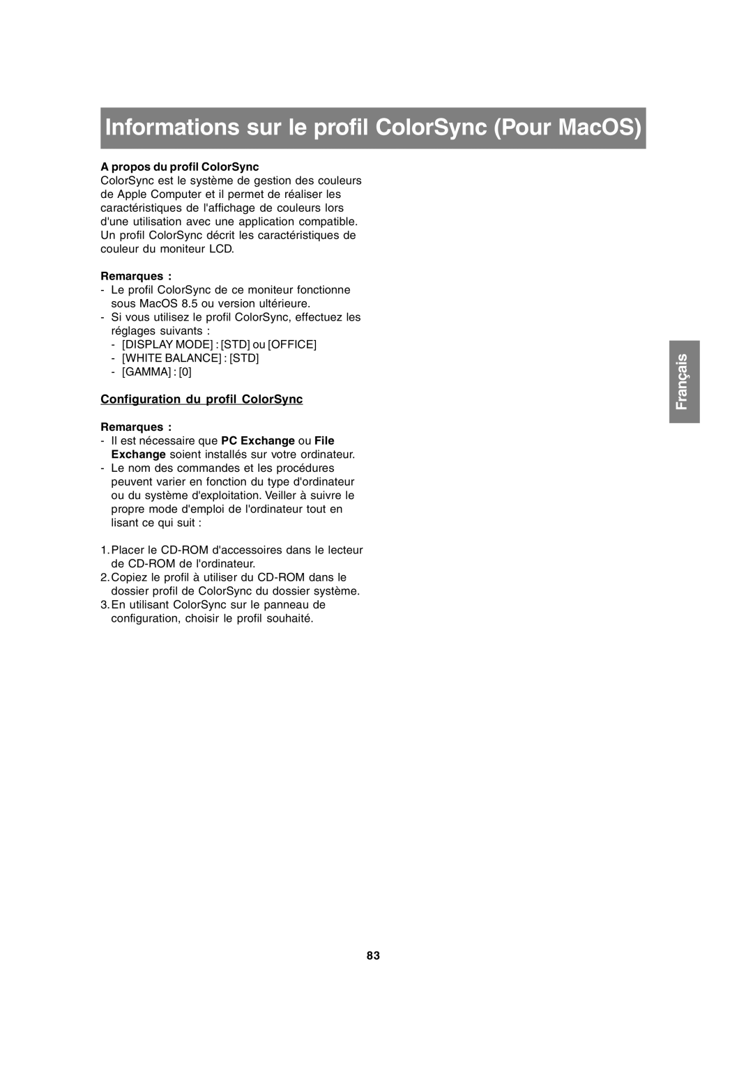 Sharp LL-171A LL-171G operation manual Informations sur le profil ColorSync Pour MacOS, Configuration du profil ColorSync 