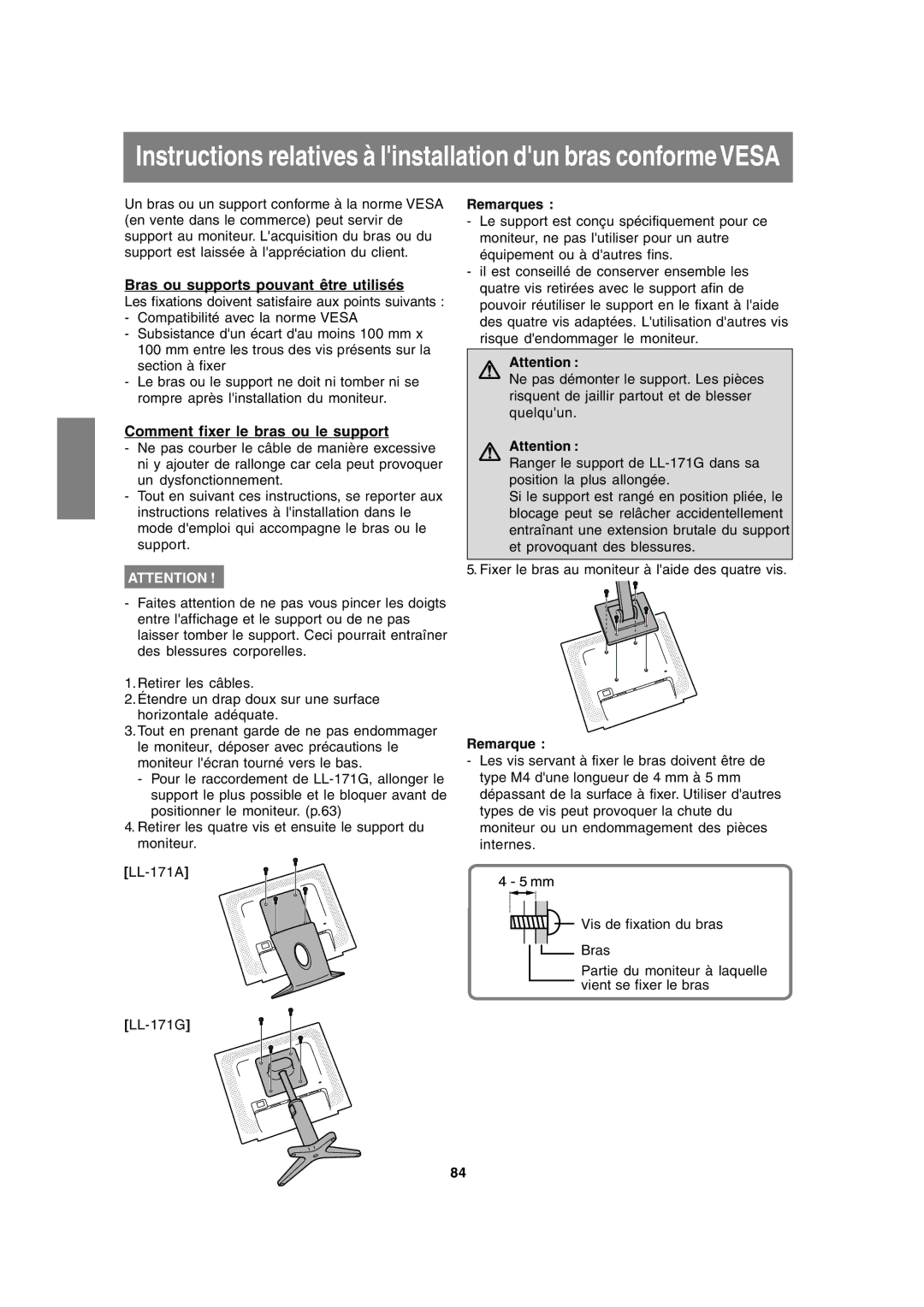 Sharp LL-171A LL-171G operation manual Bras ou supports pouvant être utilisés, Comment fixer le bras ou le support 