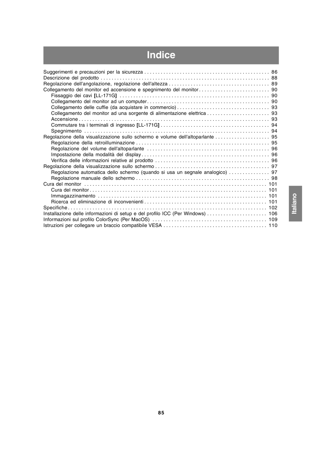 Sharp LL-171A LL-171G operation manual Indice 