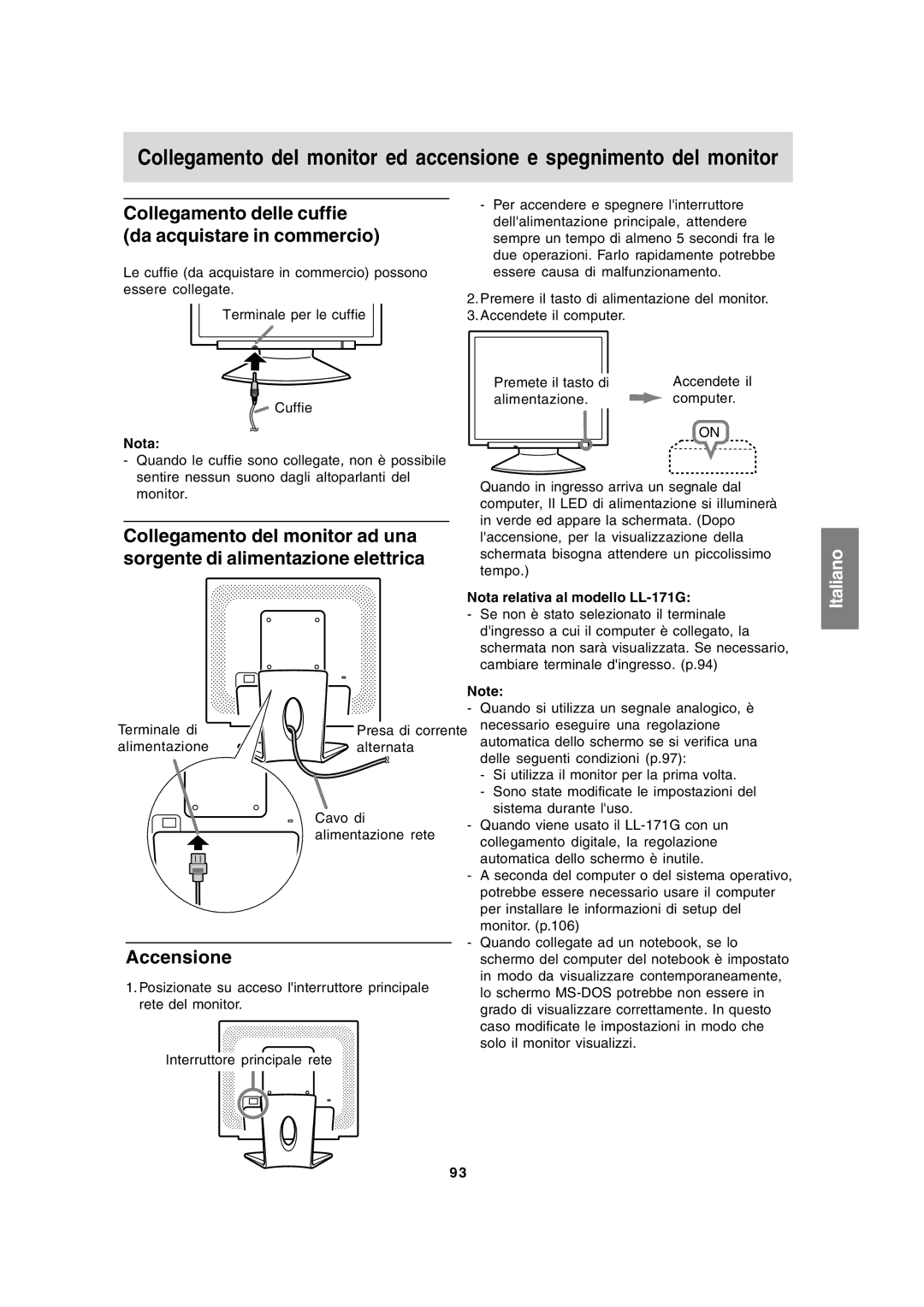 Sharp LL-171A LL-171G Collegamento delle cuffie da acquistare in commercio, Accensione, Nota relativa al modello LL-171G 