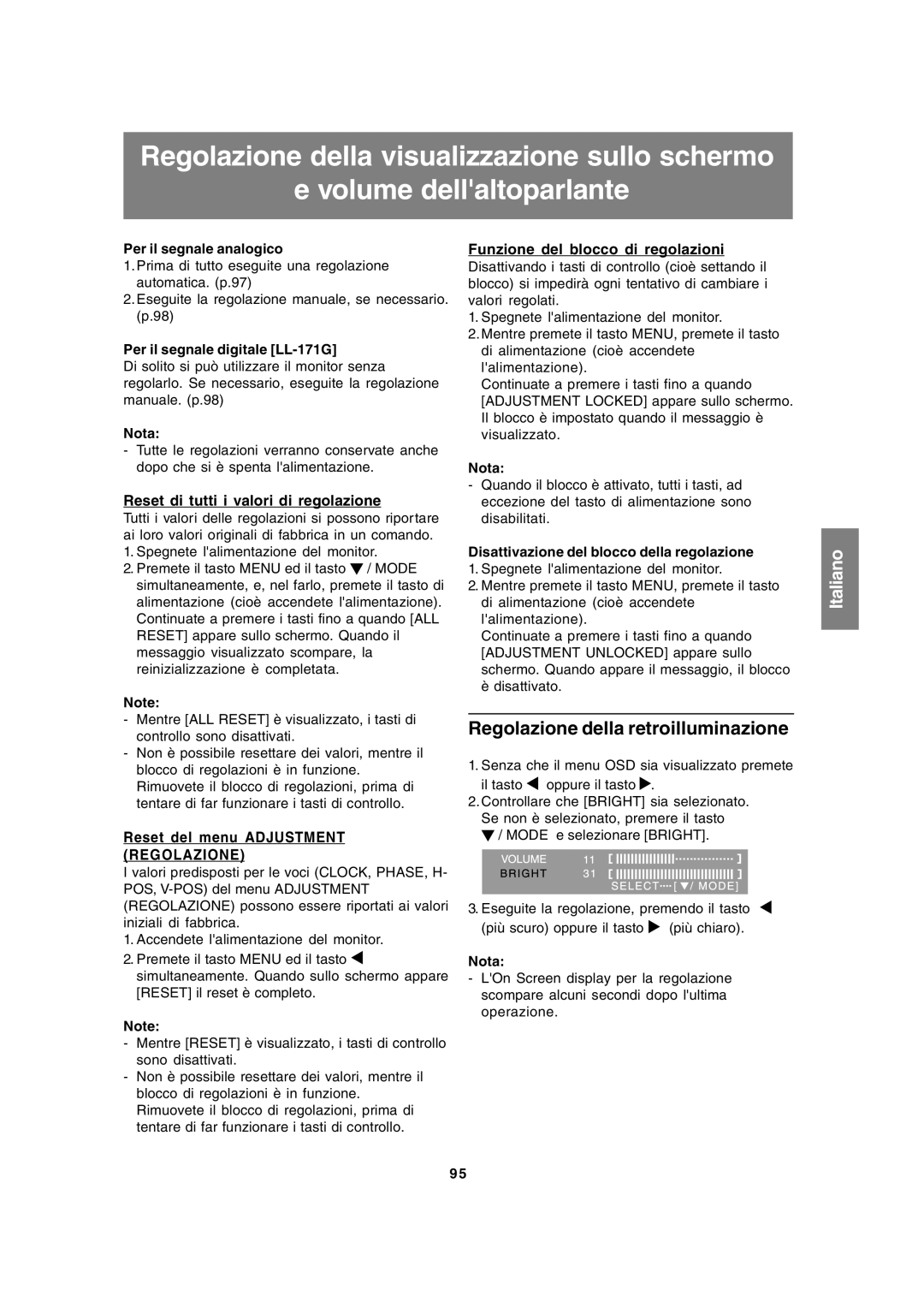 Sharp LL-171A LL-171G operation manual Regolazione della retroilluminazione, Reset di tutti i valori di regolazione 