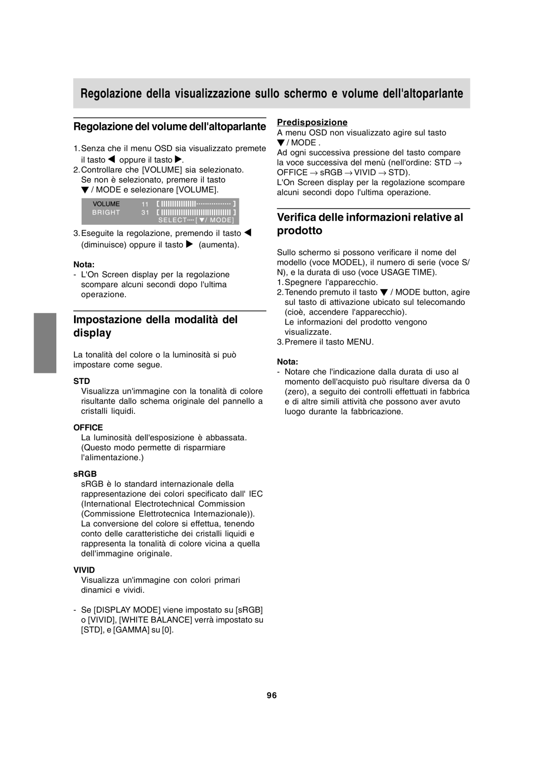 Sharp LL-171A LL-171G Impostazione della modalità del display, Verifica delle informazioni relative al prodotto 