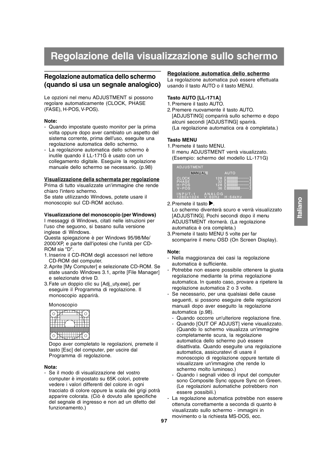 Sharp LL-171A LL-171G Regolazione della visualizzazione sullo schermo, Regolazione automatica dello schermo 